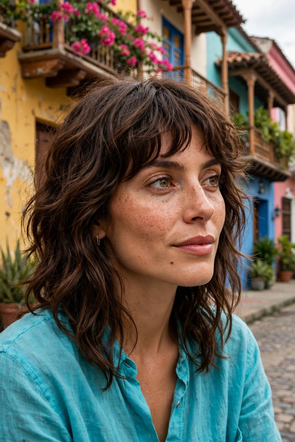 Young woman with a wavy shag cut and soft textured bangs.