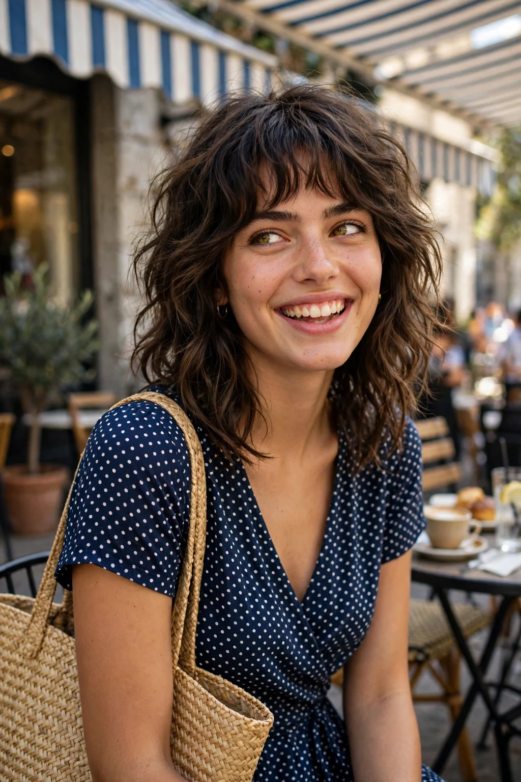 A young woman with a wavy shag and piecey bangs, sitting at an outdoor cafe table.