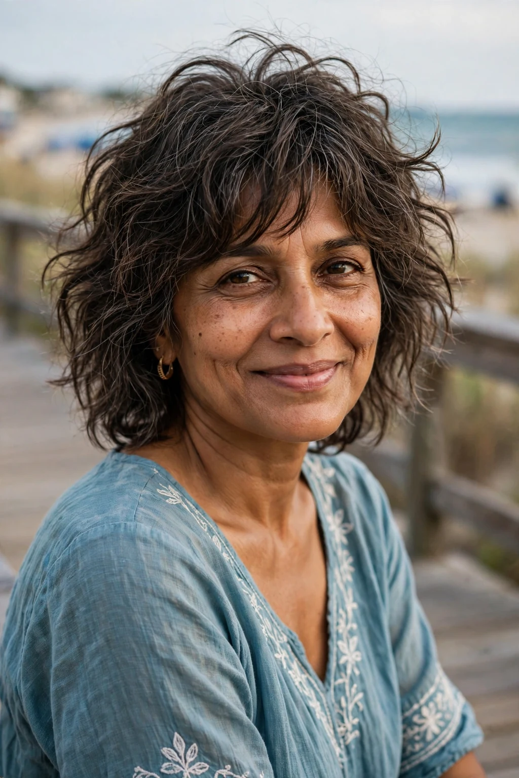 Beautiful woman over 50 with wavy shag, tousled wavy shag, beachy light.
