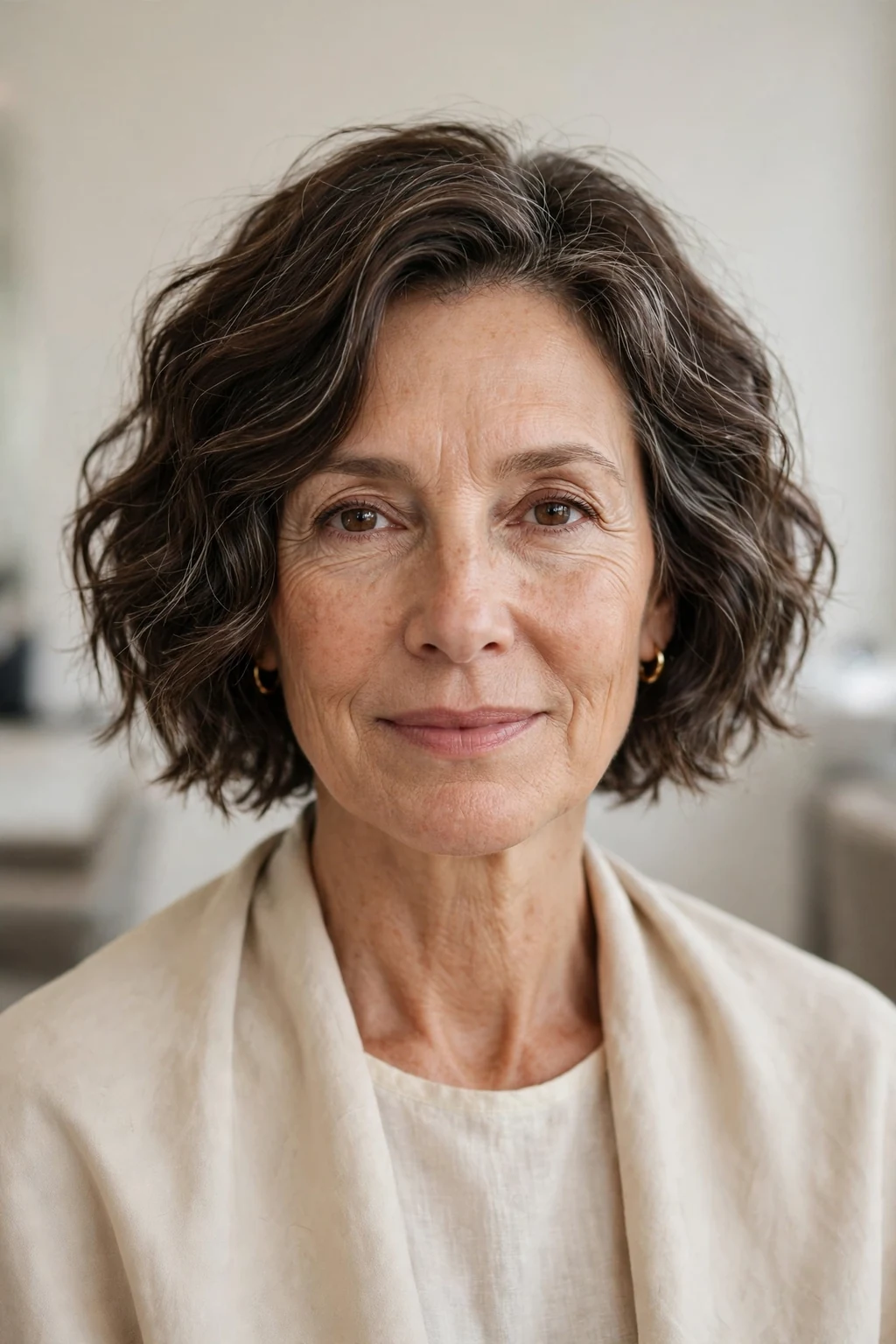 Elegant woman over 50 with wavy short bob, soft effortless waves, relaxed light.