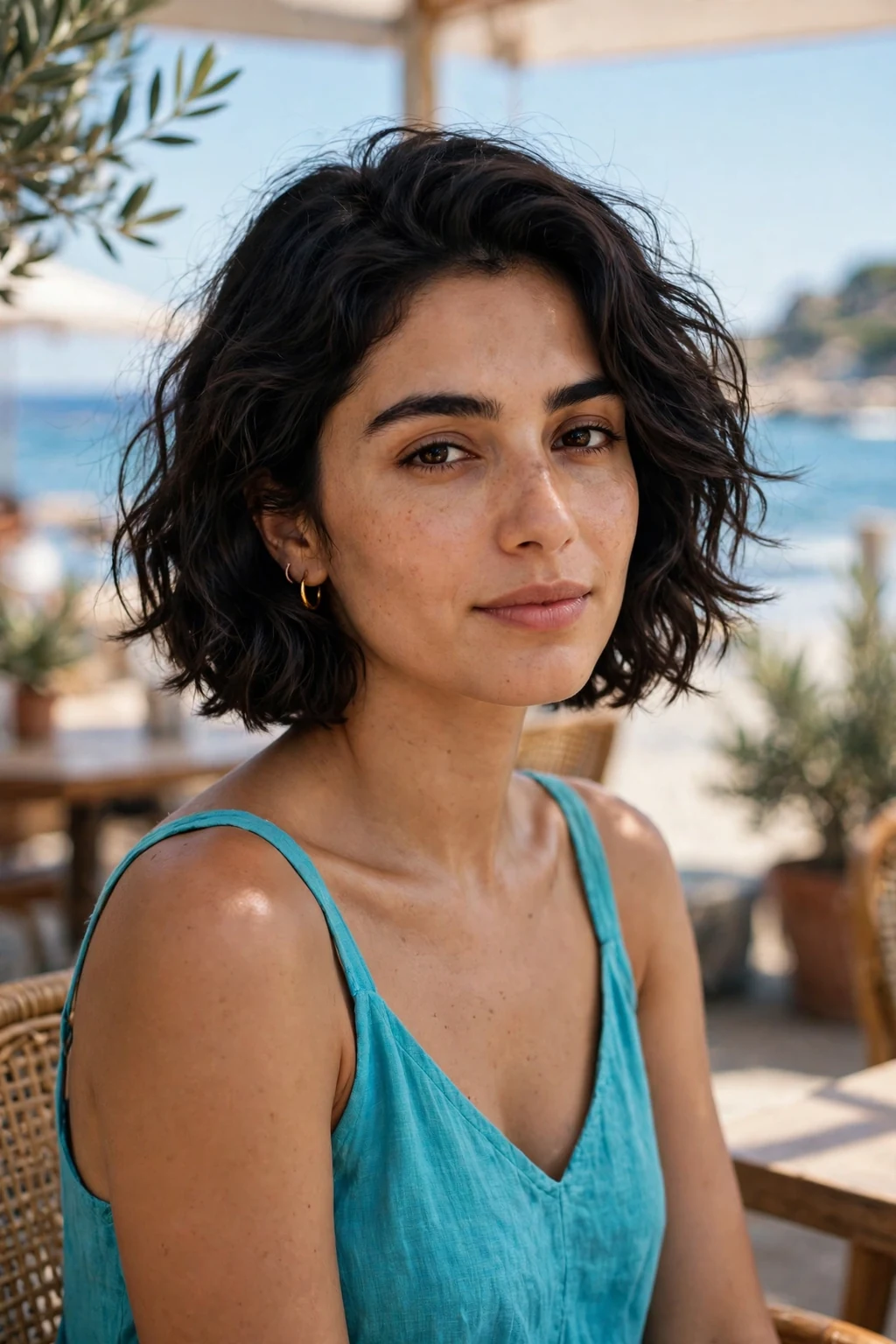 Young woman with a wavy short bob, soft tousled waves, at a beachside cafe.