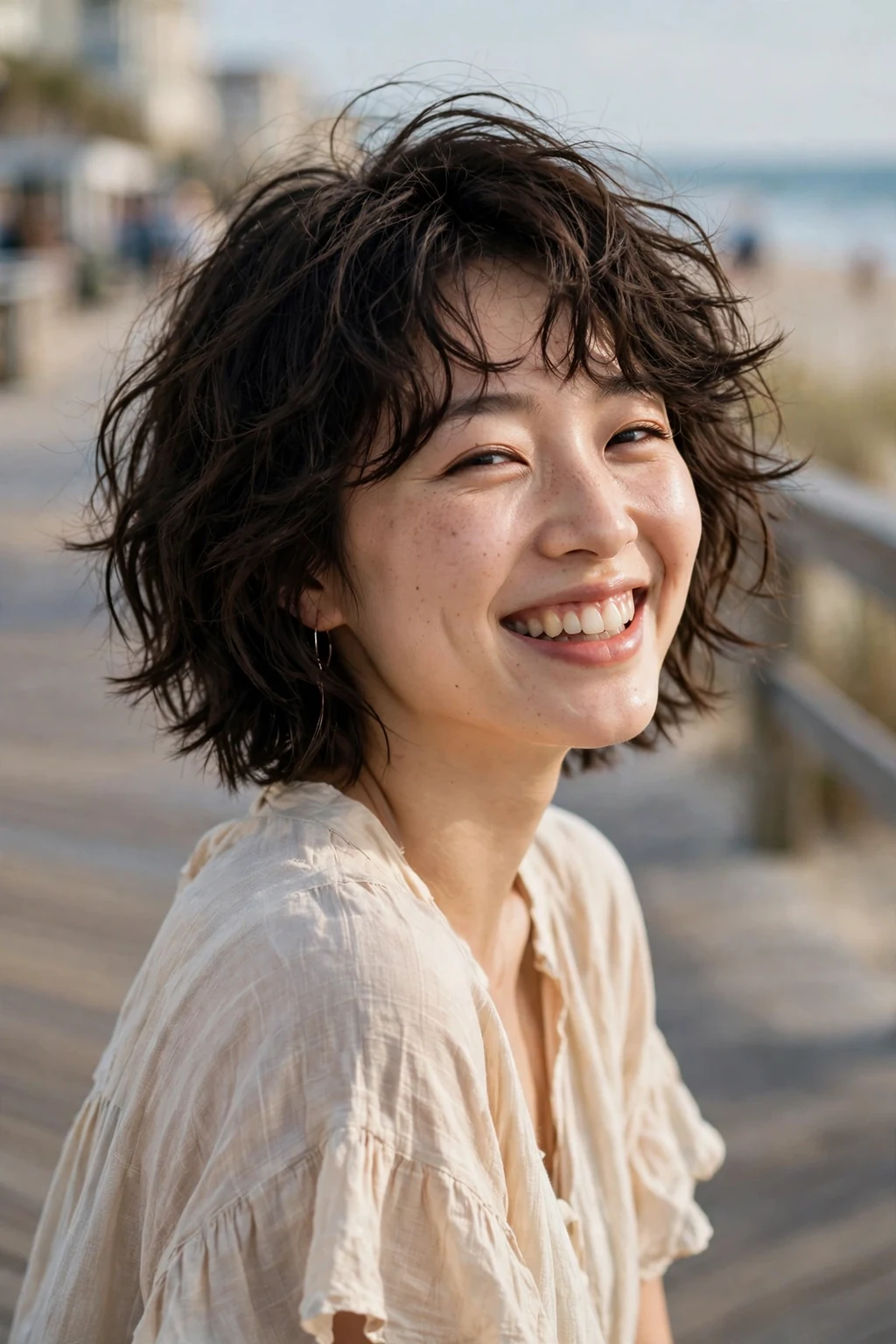 Beautiful woman with wavy short shag, tousled wavy shag, casual light.