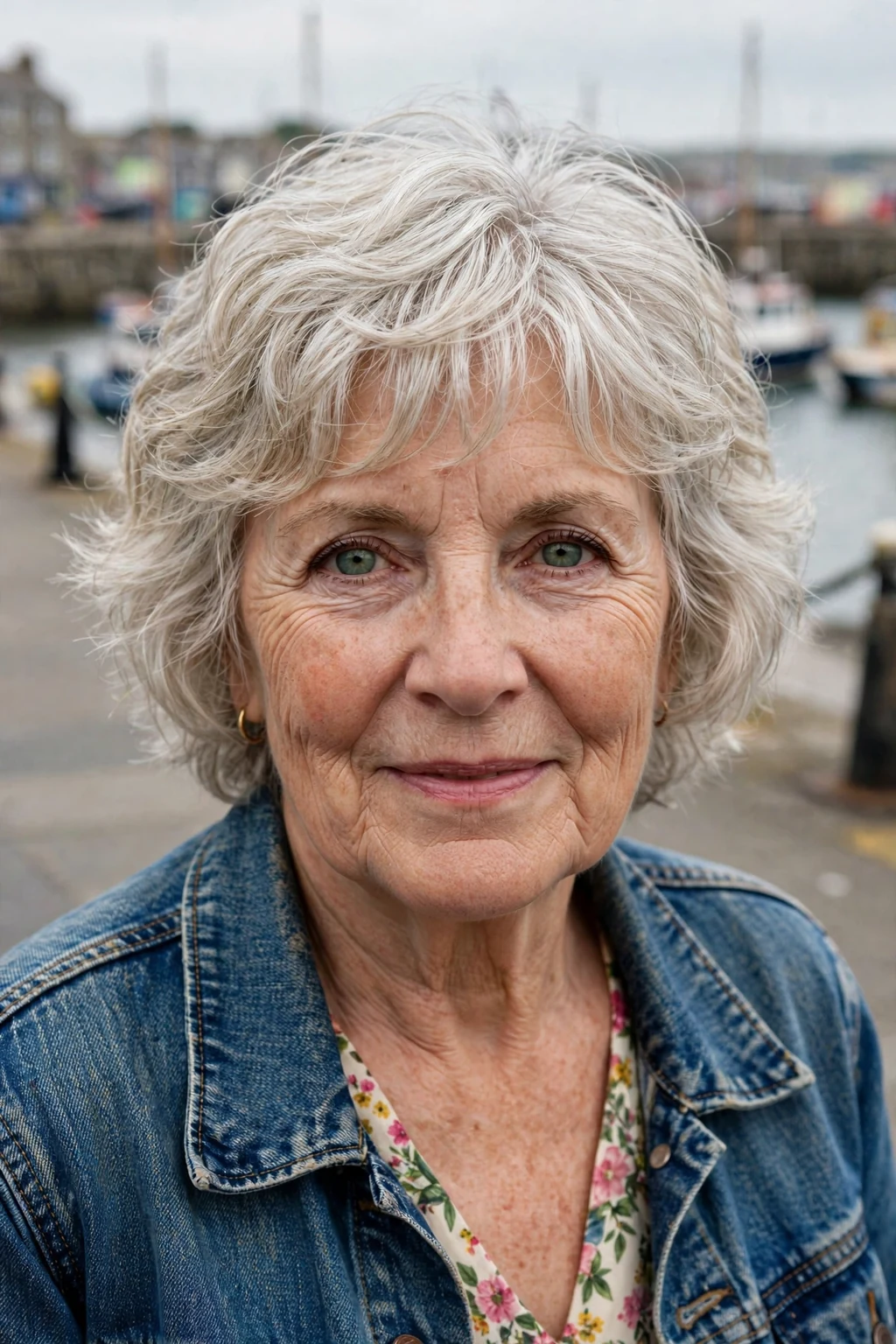 Mature woman with a wavy short shag short haircut for fine hair, styled with soft volume.