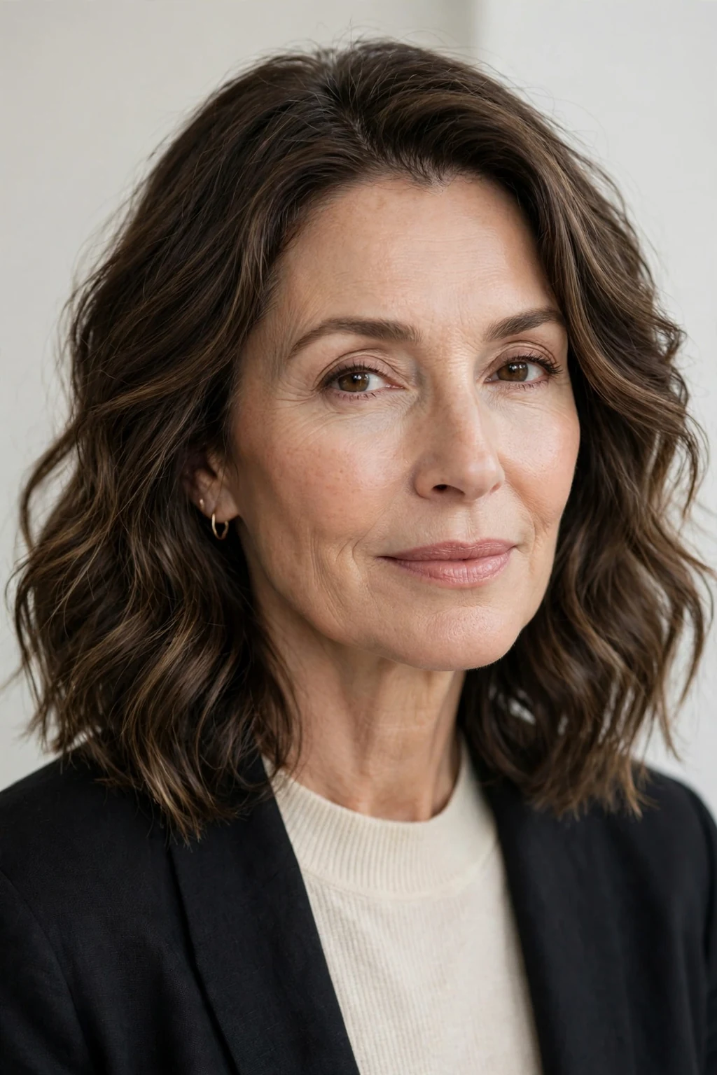 Elegant older woman with wavy shoulder cut, soft natural waves, relaxed chic light.