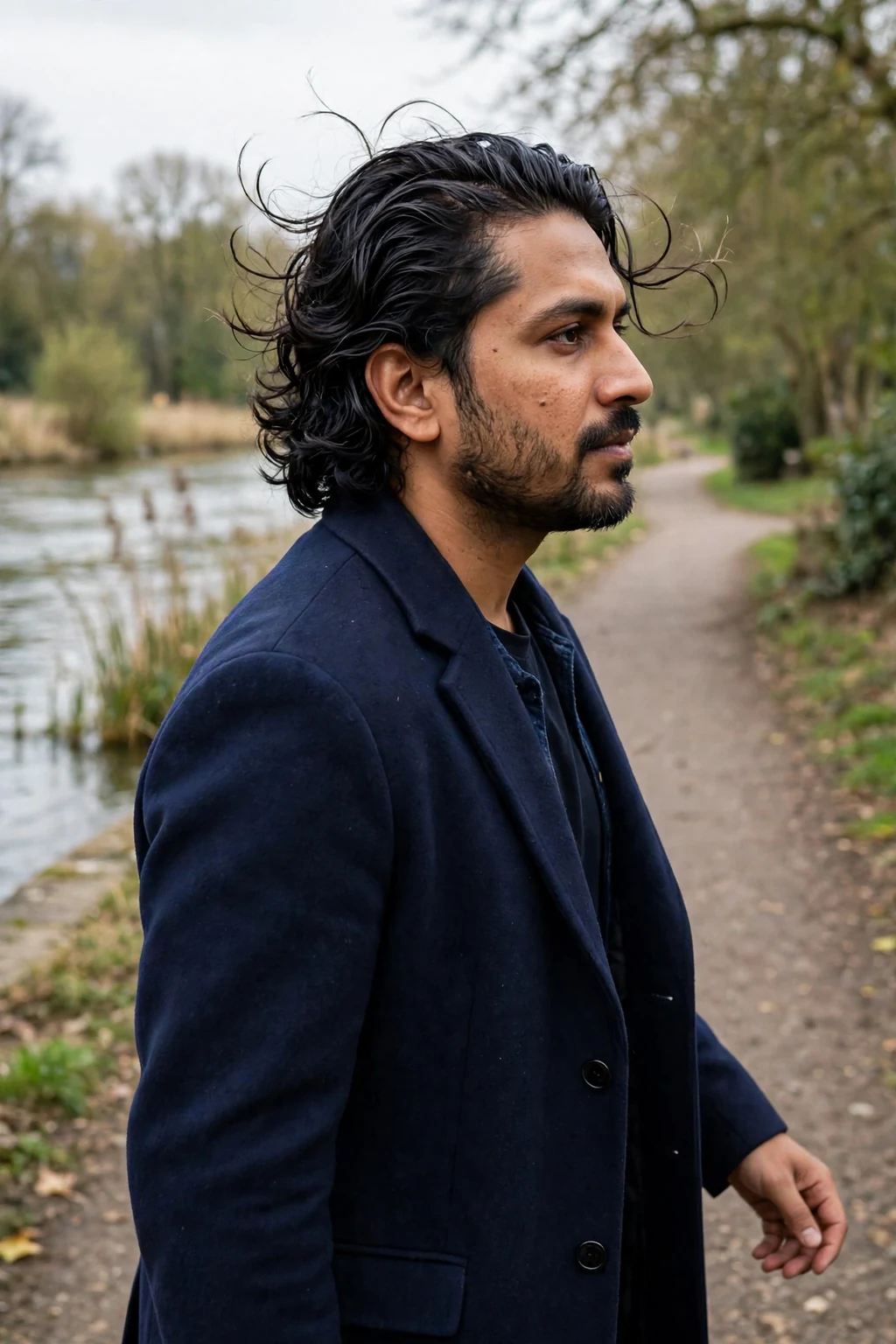 Man in his 30s with a wavy slick back for thick hair, walking along a riverside path in a navy overcoat.