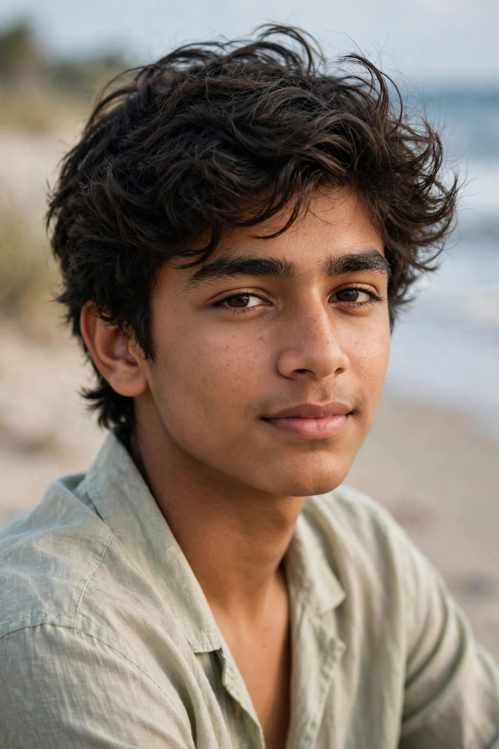 Handsome teen boy with wavy teen cut, tousled wavy teen cut, beachy light.