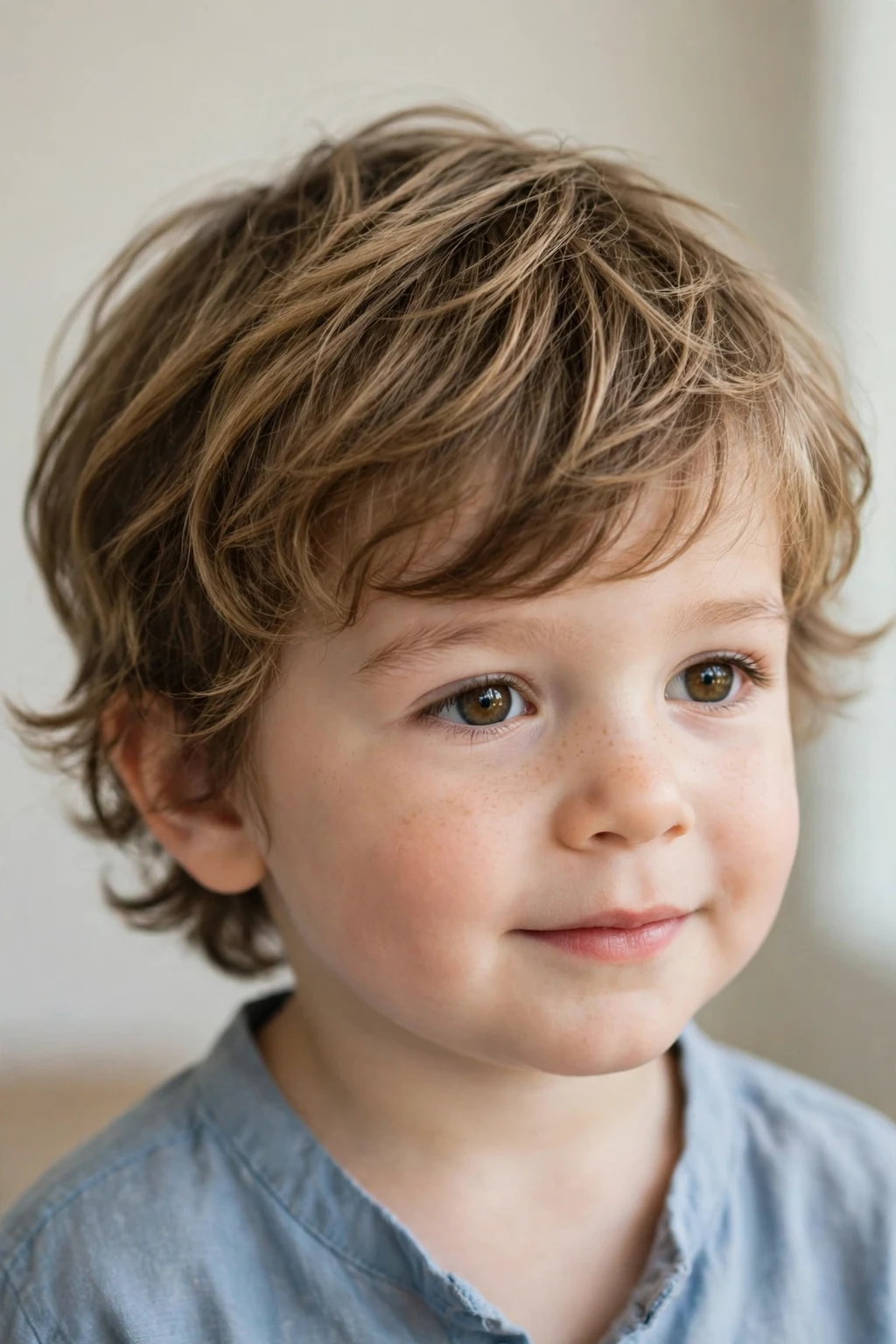 Adorable toddler boy with a wavy shaggy haircut, relaxed natural waves, soft daylight, neutral background.