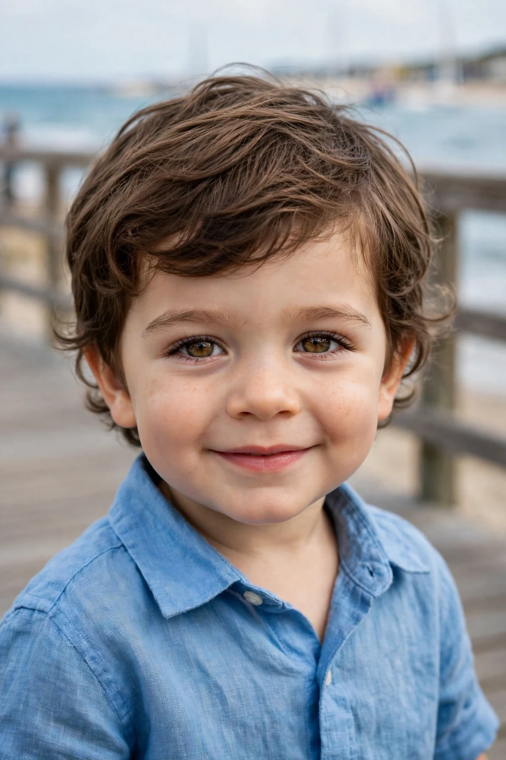 A relaxed three-year-old toddler boy with a wavy top haircut, wearing a sky-blue linen shirt on a beach boardwalk.