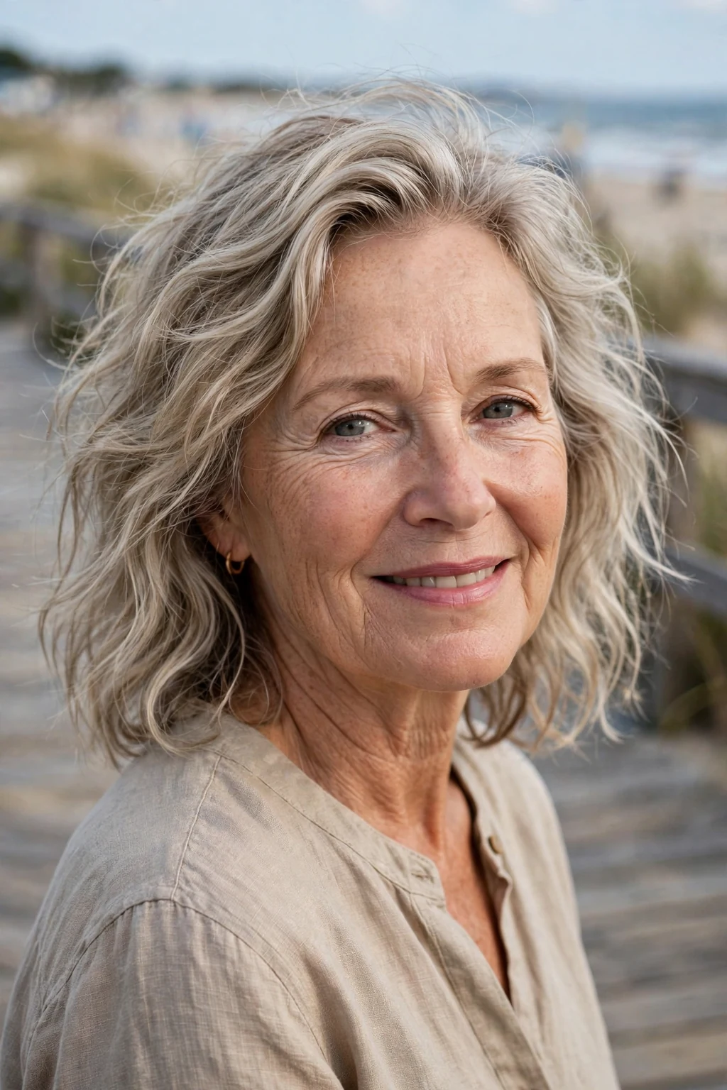 Beautiful older woman with wavy wash-and-wear, natural wavy hair, beachy light.