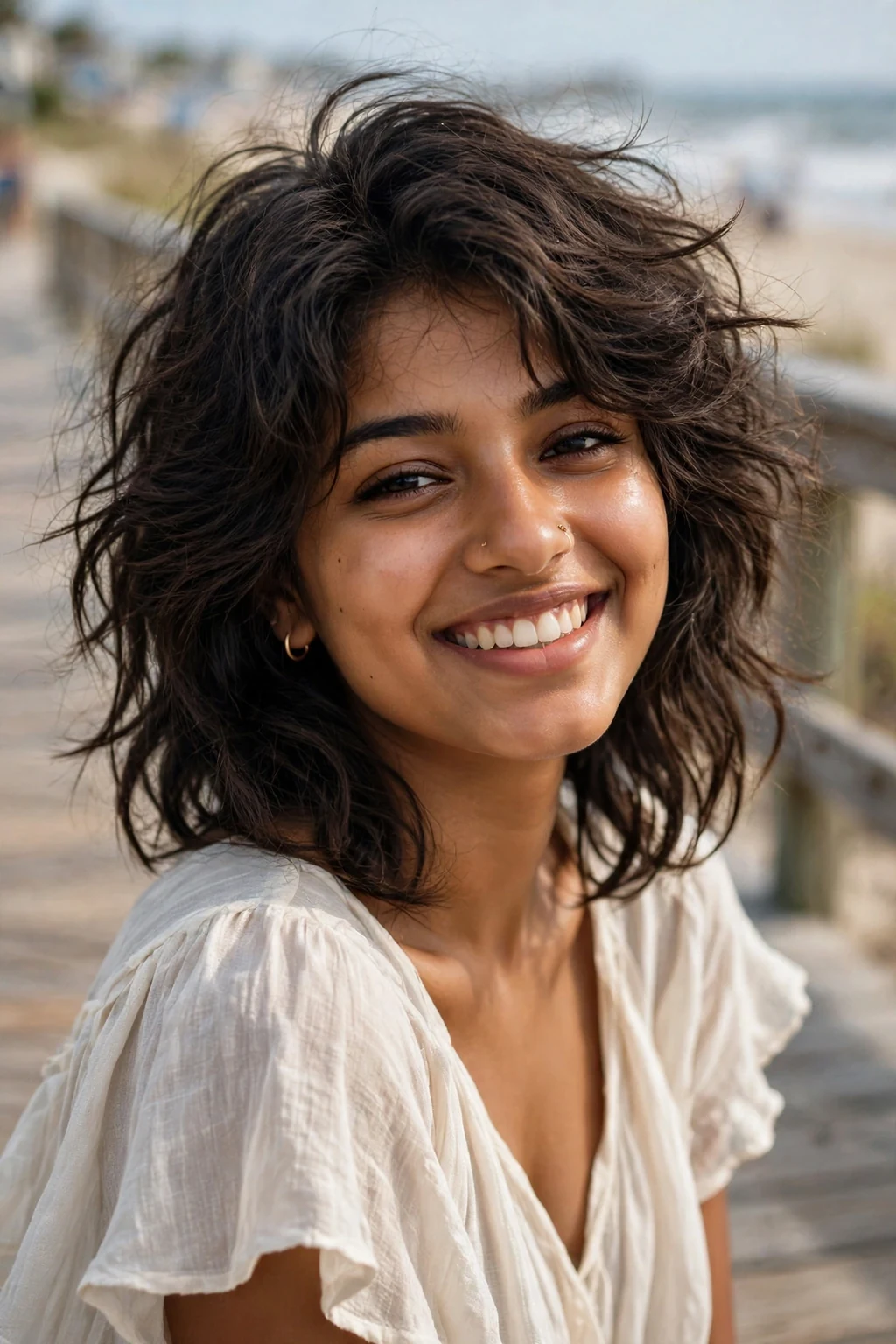 Beautiful woman with wavy wolf cut, tousled wavy wolf, casual light.