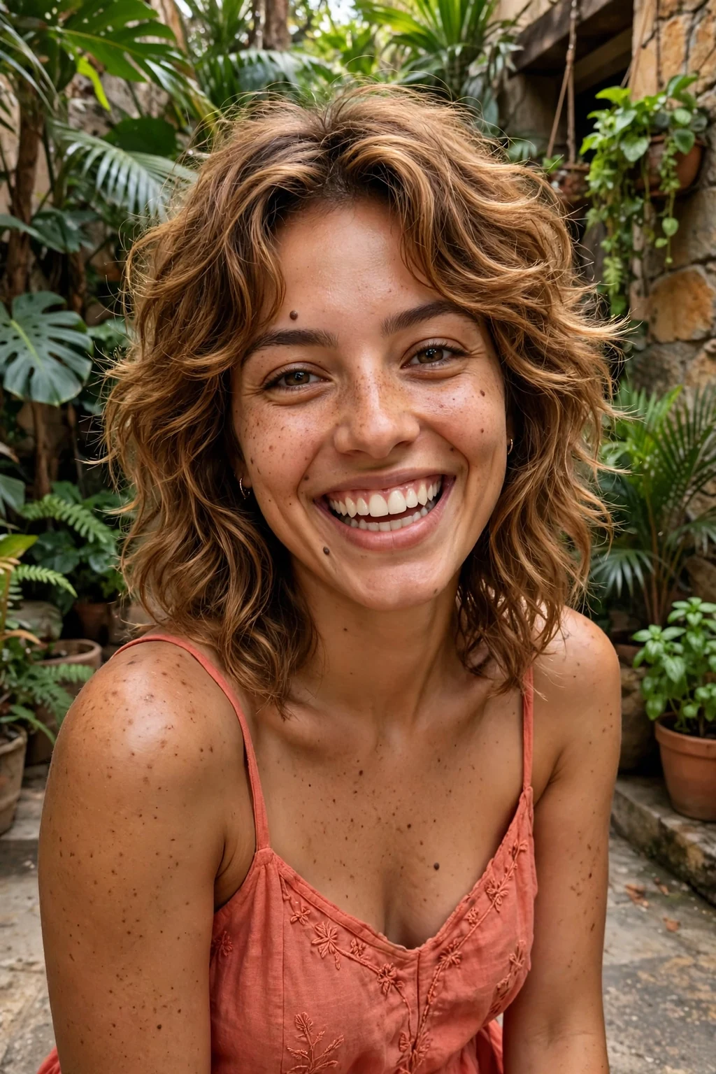 Young woman with a wavy wolf cut featuring heavy layers and volume.