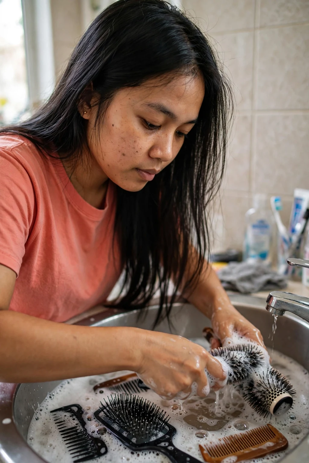 A young Southeast Asian woman with long straight dark hair washing her hairbrushes and combs in a bathroom sink with warm soapy water.