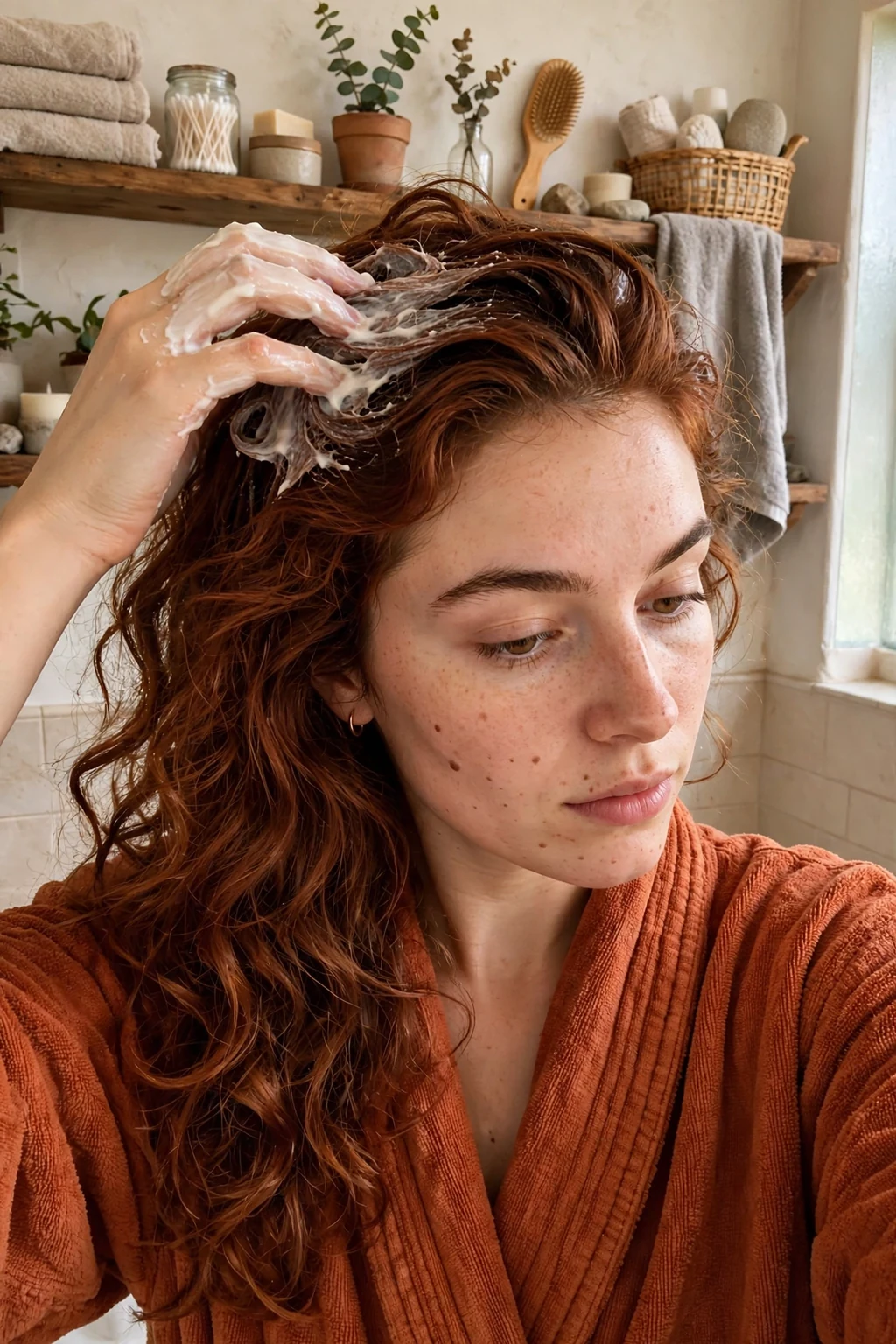 A young woman with thick wavy hair applying a creamy hair mask in a cozy bathroom.