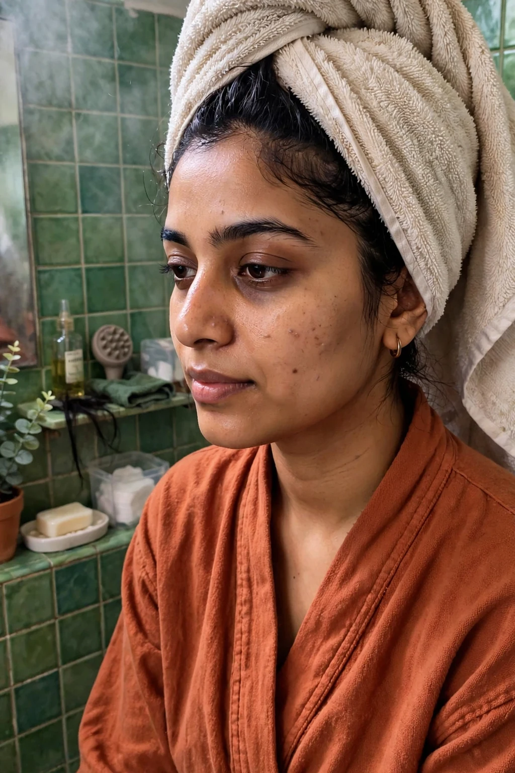 A young South Asian woman with thick dark wavy hair sitting with a warm towel wrapped around her hair during a weekly steam session at home.