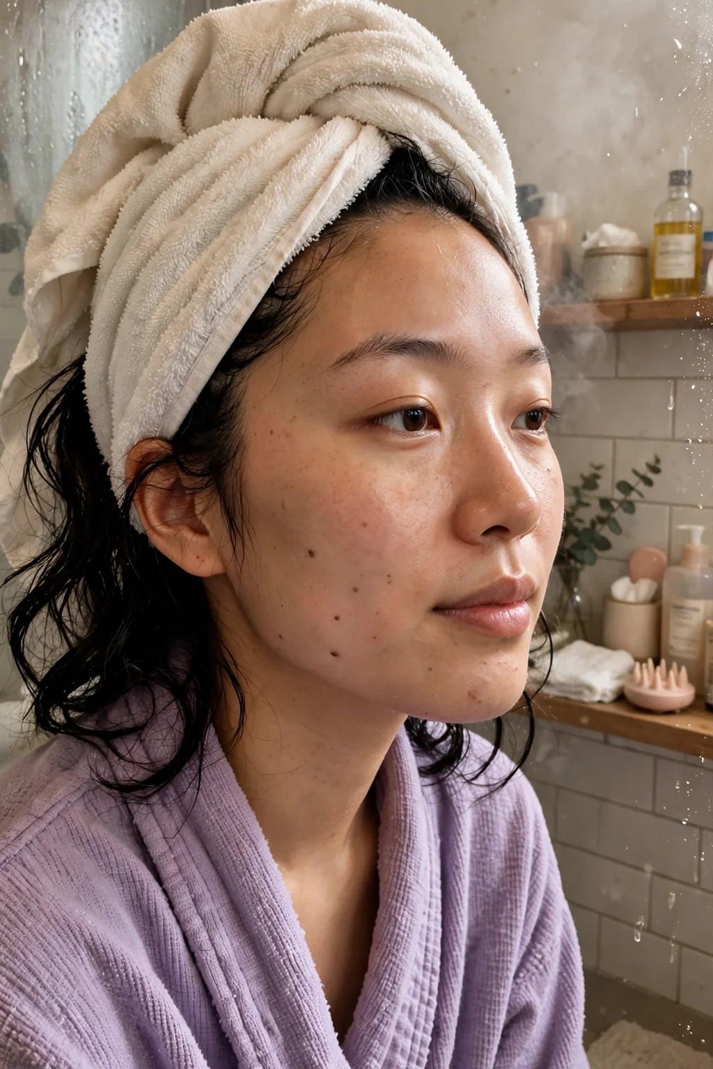 A young East Asian woman with shoulder-length wavy black hair relaxing with a warm towel wrapped around her head after a hair treatment.