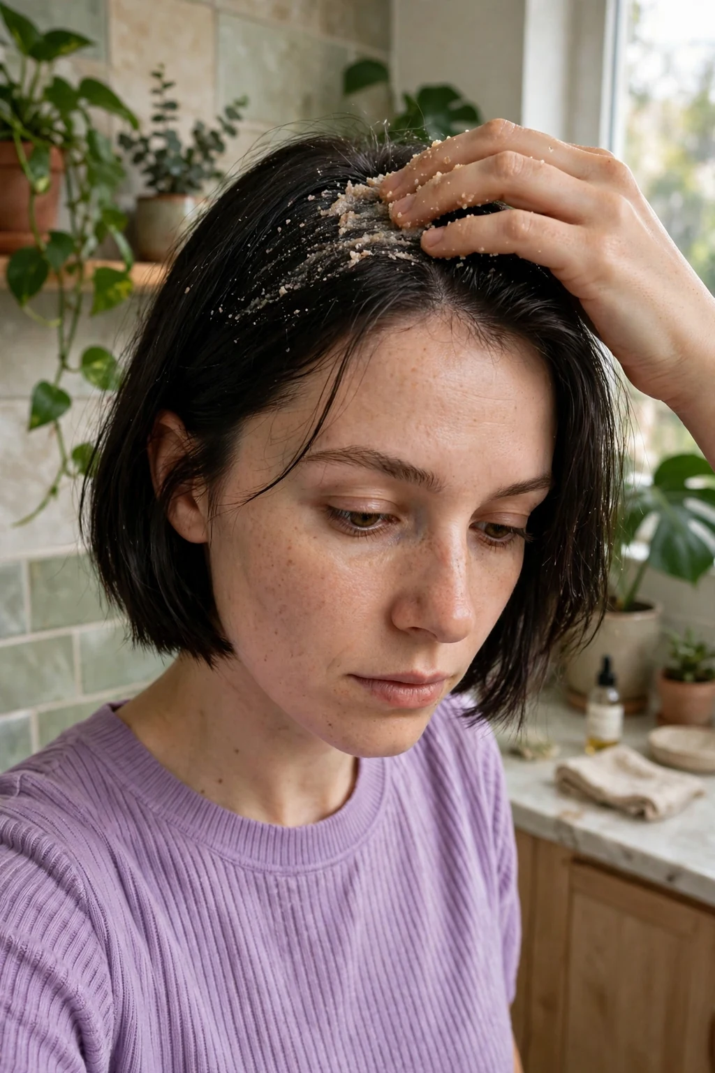 A young woman applying a scalp scrub treatment in her bathroom before washing her hair.