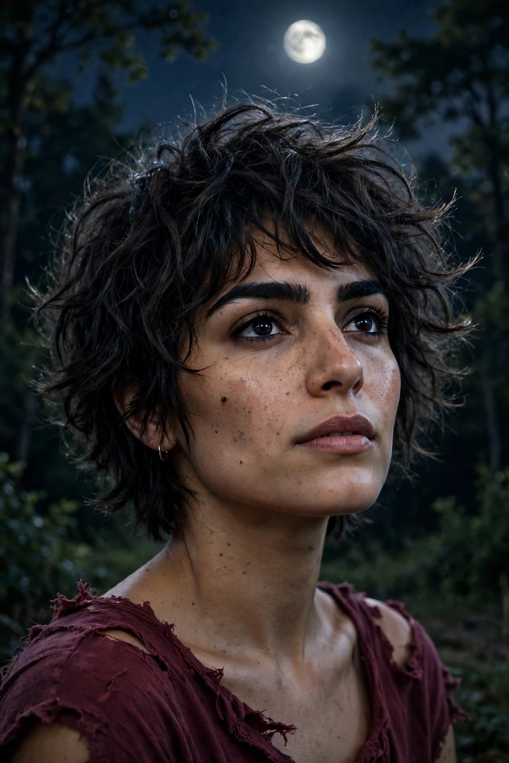 Young woman with a wild textured werewolf shag with choppy layers, wearing a torn burgundy top under a full moon night sky outdoors.