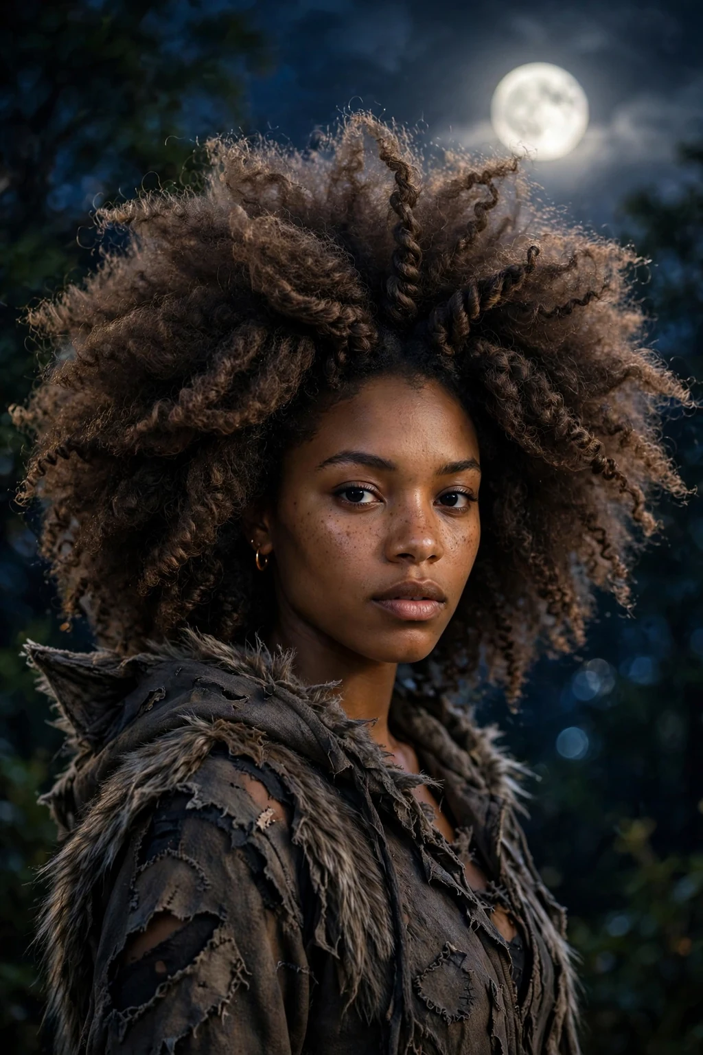 Young Black woman with a voluminous twist-out dressed as a werewolf for Halloween.