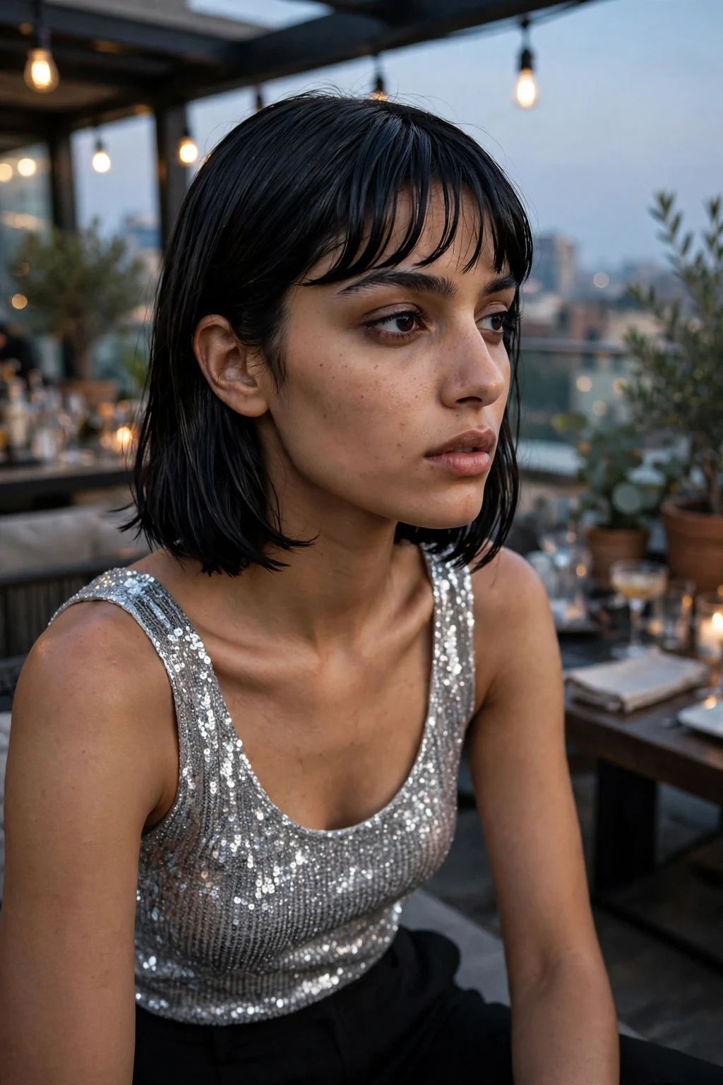 Young woman with a wet-look bob with sleek bangs hairstyle, glossy and editorial.