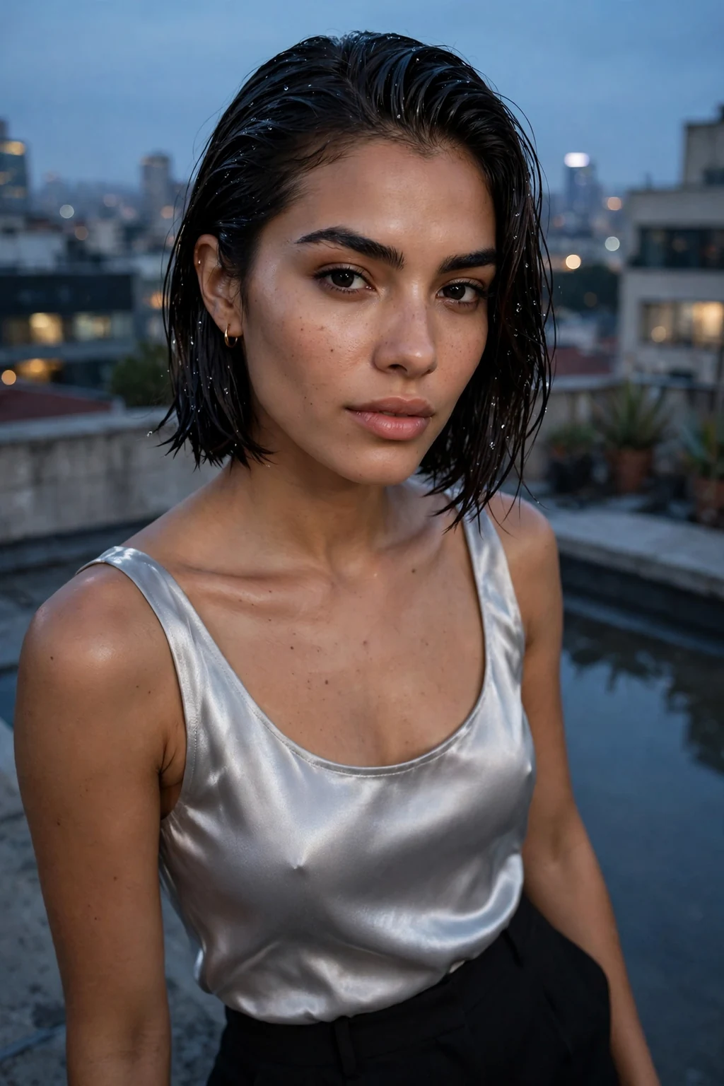 Young Colombian woman with a wet-look bob on a city rooftop wearing a silver top.
