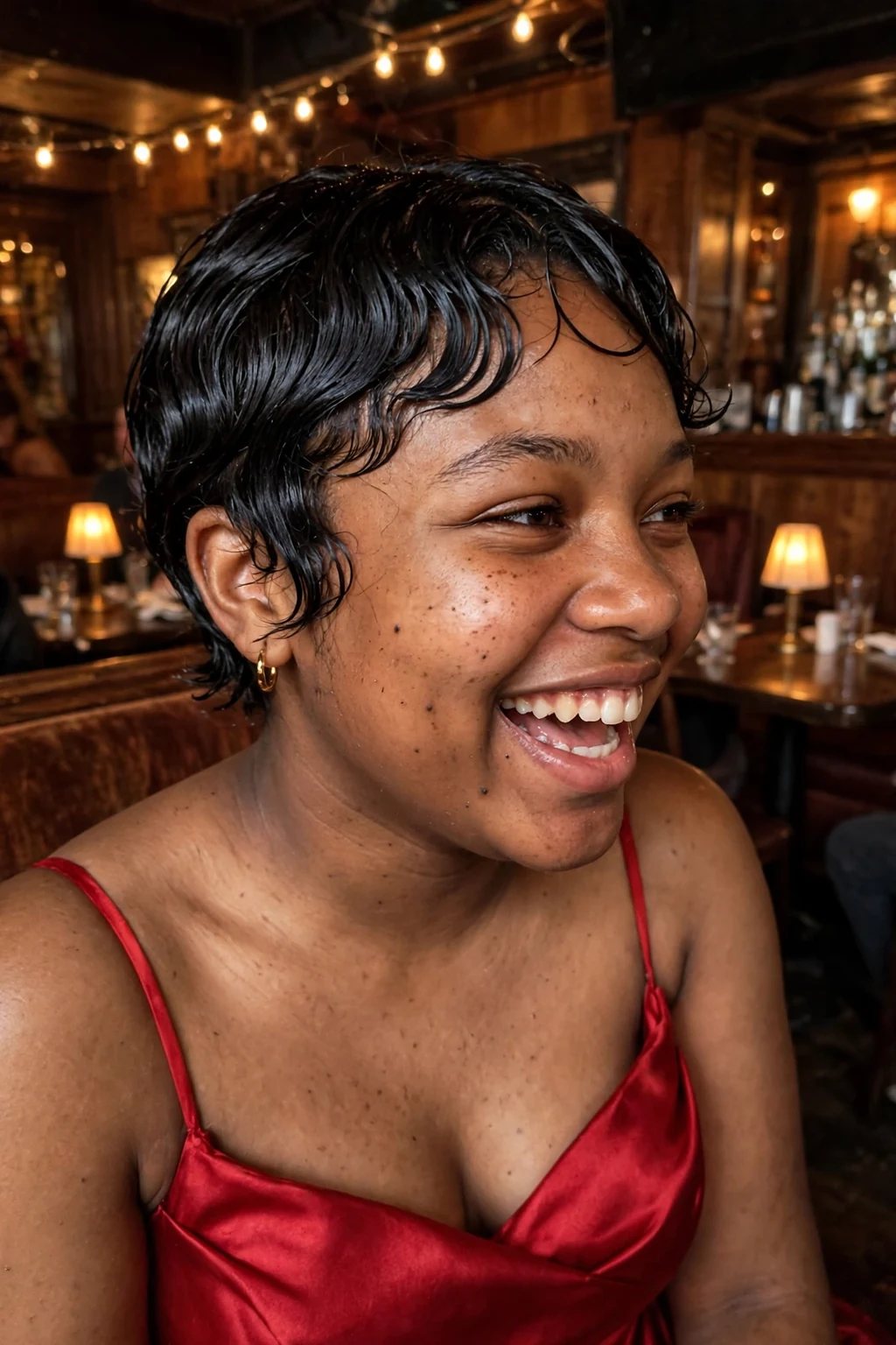 Young woman aged 18 to 20 with wet-look short waves hairstyle for prom, a jazz club venue with warm lamps.