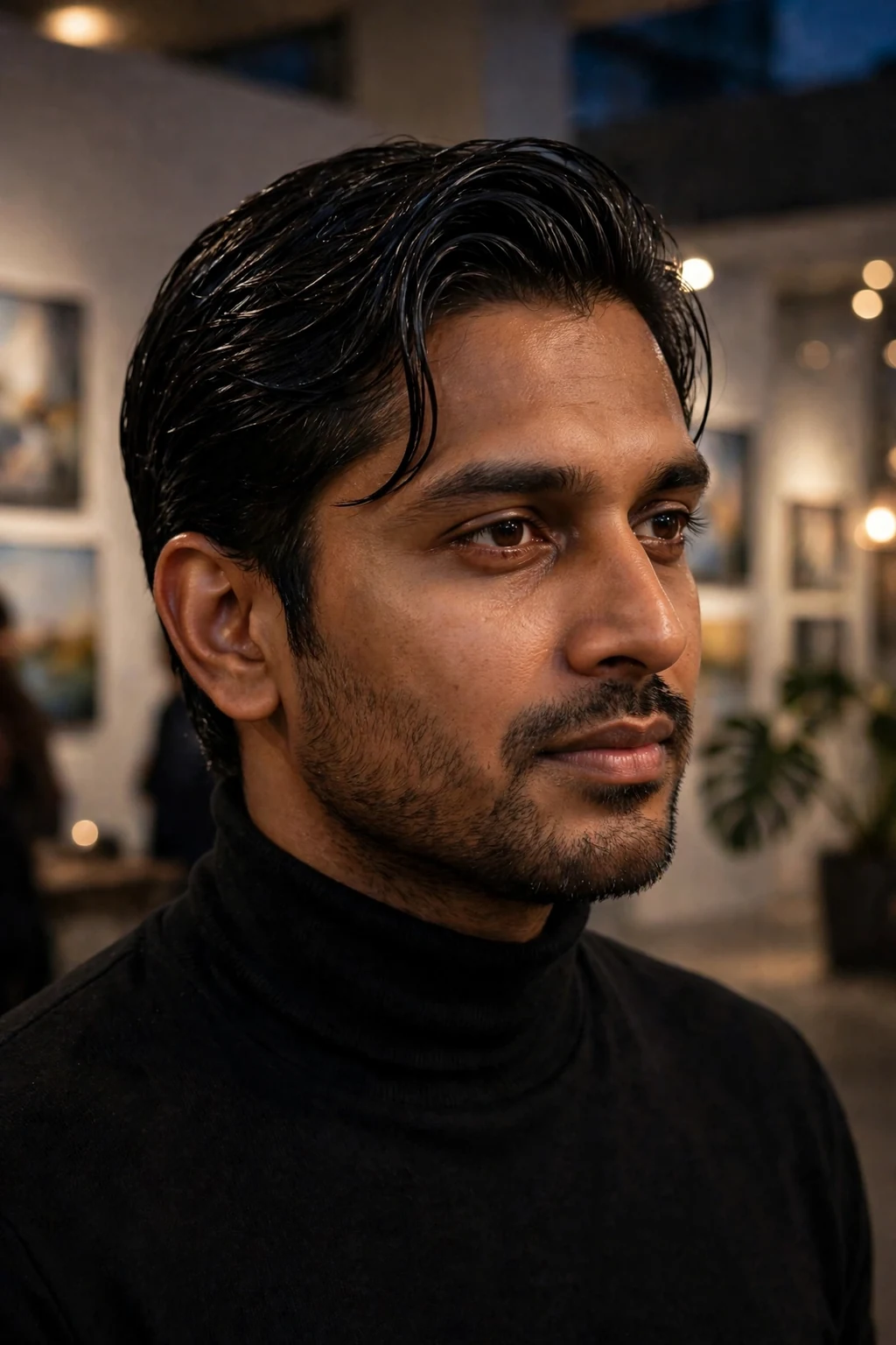 Man in his early 30s with a wet look side sweep, wearing a black turtleneck at an evening gallery event.