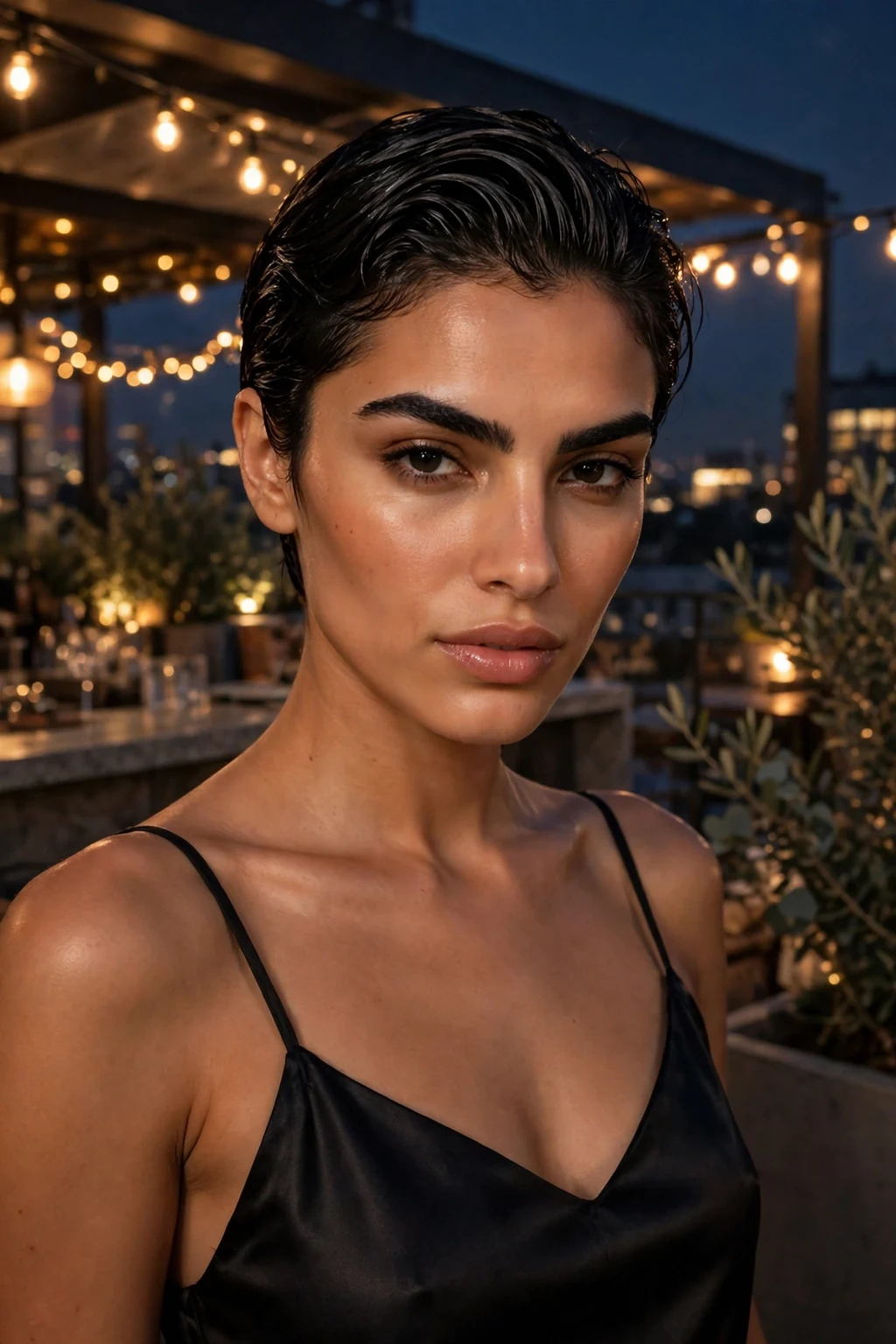 A young woman with a wet-look slicked pixie, glossy hair combed sleekly back from the face.
