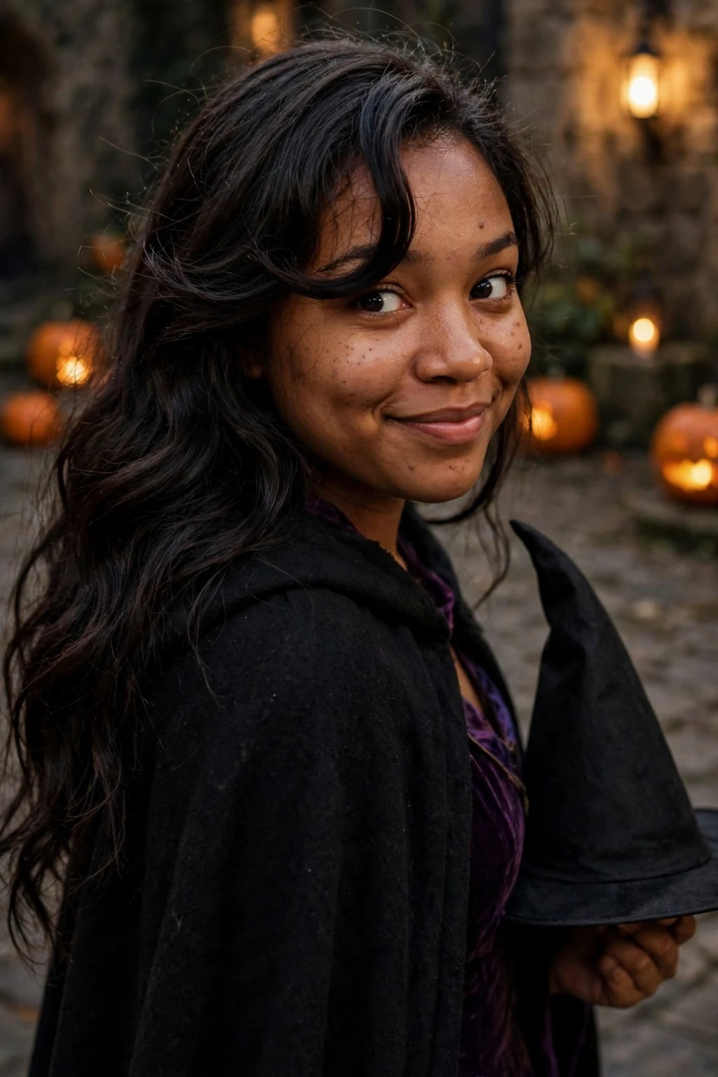 Young Black woman with long dark hair and wicked witch side-swept bangs at a Halloween party.