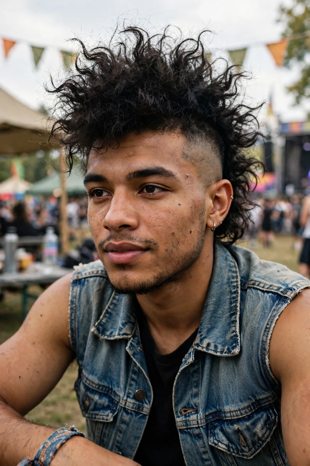 Young man with a wide mohawk and thick crest, standing at a music festival in a sleeveless denim vest.