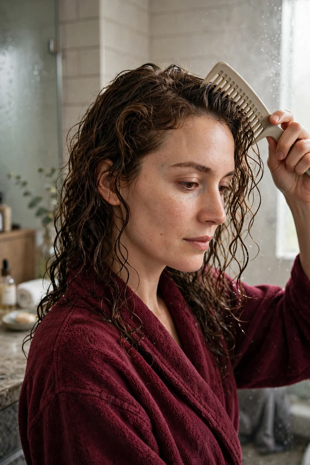A young woman combing her wet curly hair gently with a wide-tooth comb after washing.