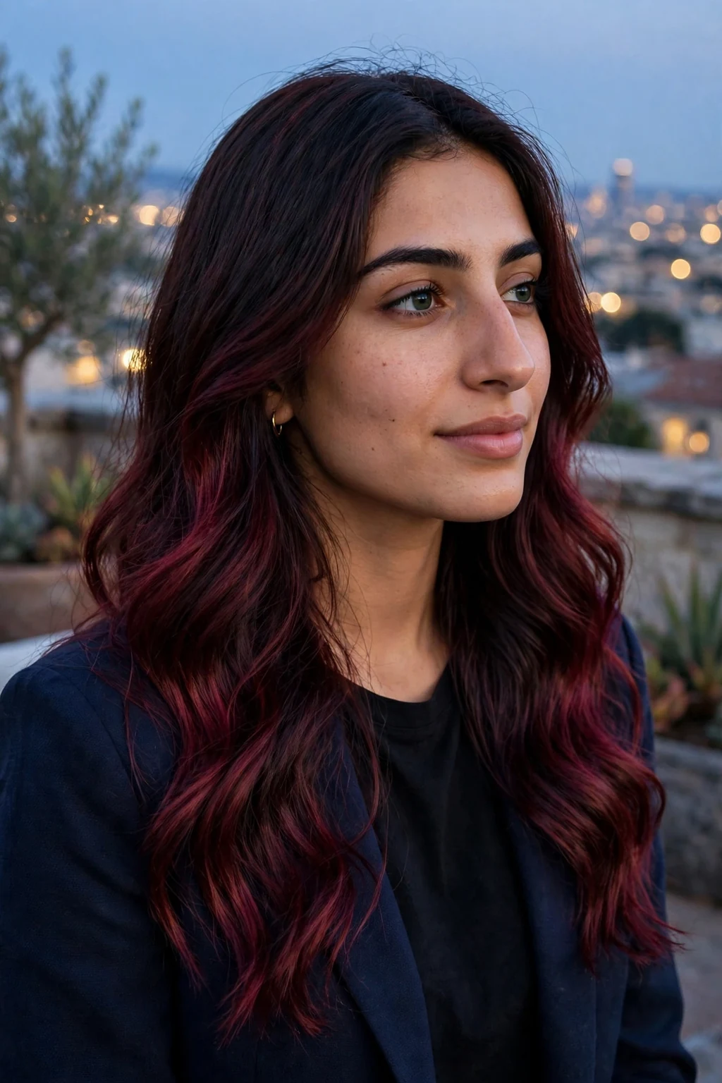 Young Middle Eastern woman in her mid-20s with long dark hair featuring wine-red balayage through the mid-lengths, on a rooftop terrace at dusk wearing a navy blazer.