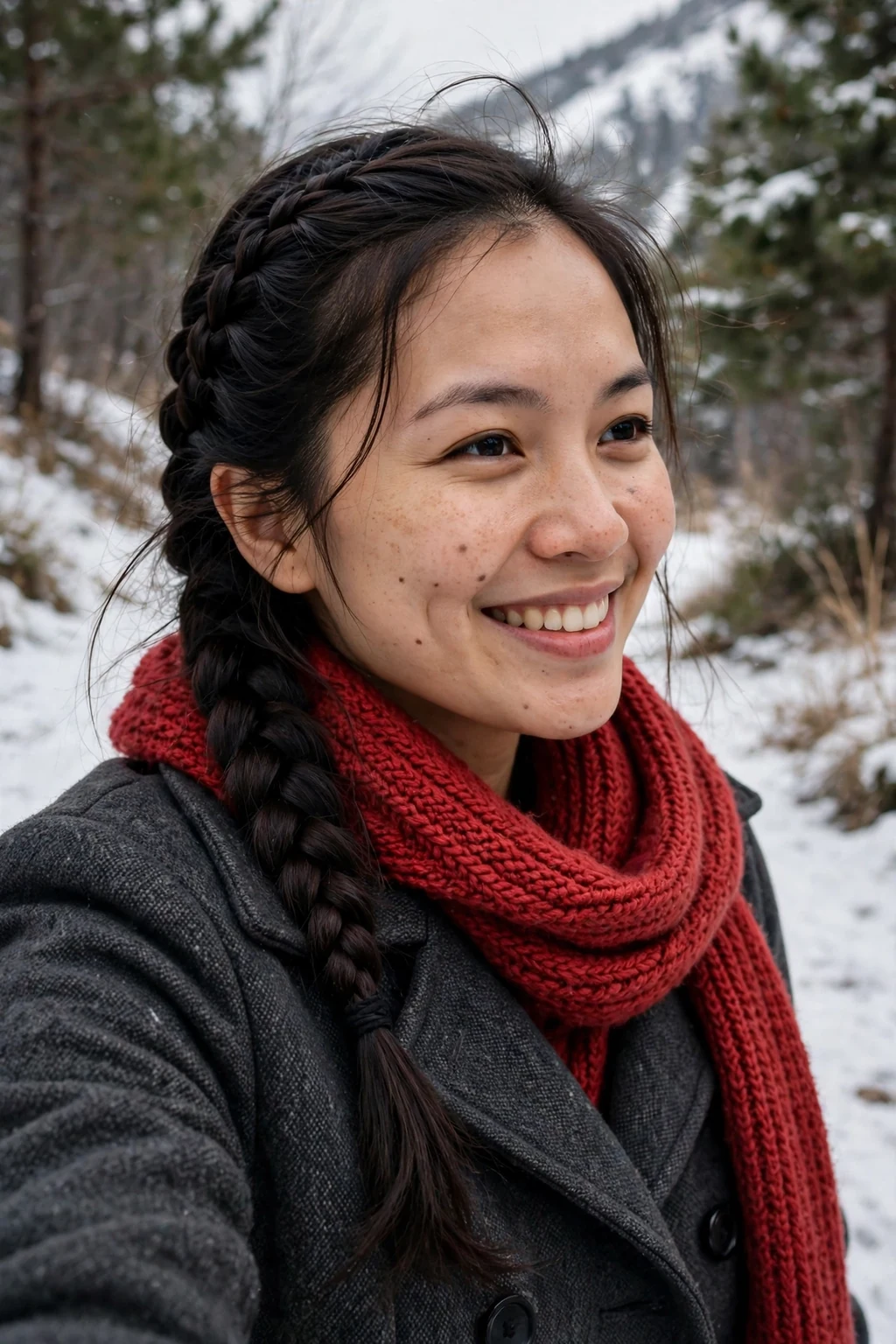 Young woman with a winter French braid hairstyle, wearing a red scarf on a snowy trail.