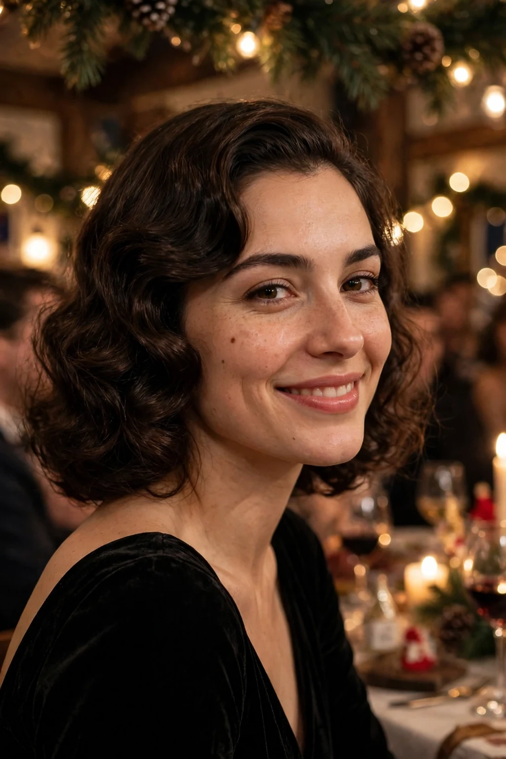 Young woman with winter vintage waves hairstyle, wearing a black evening dress at a holiday party.