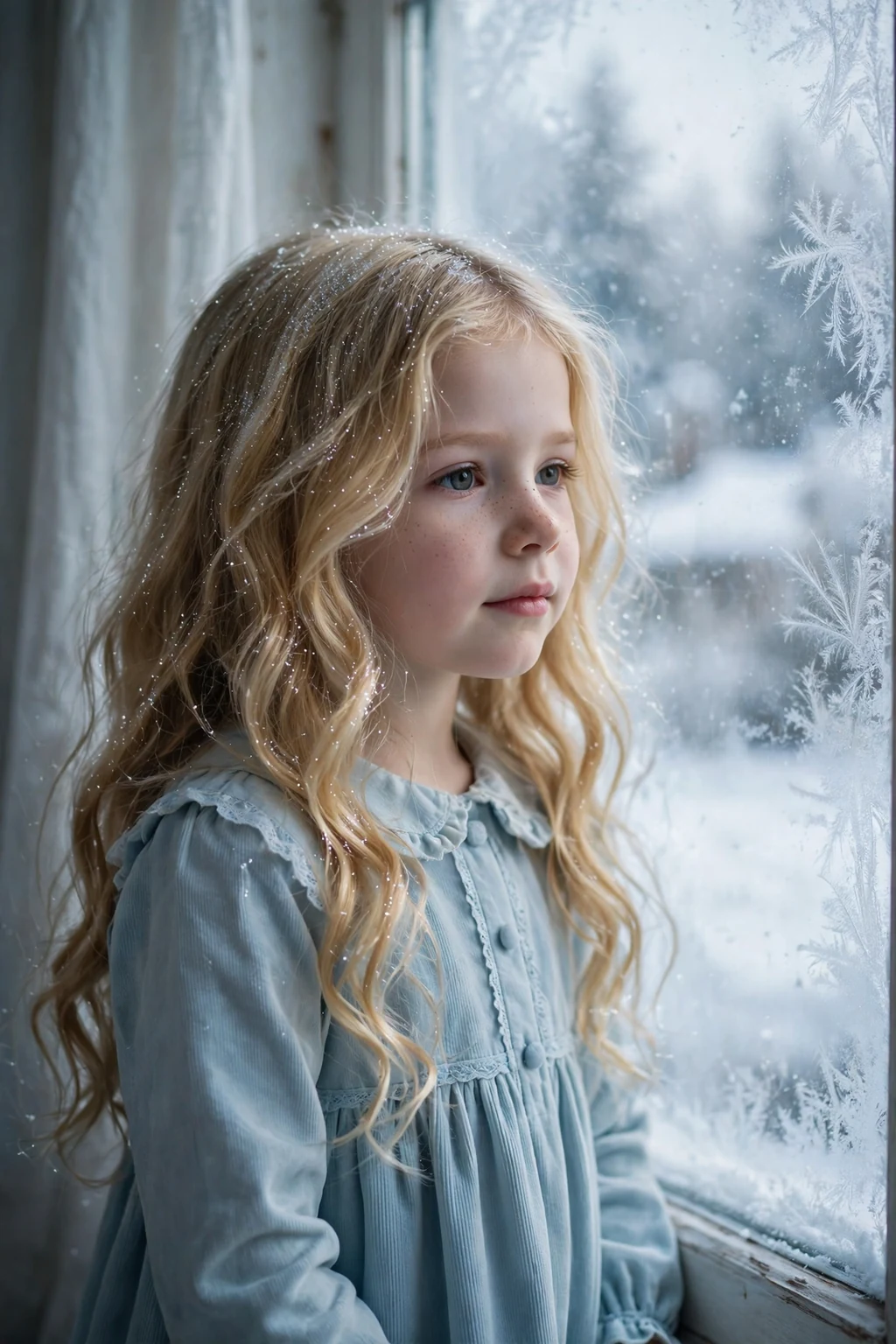 A young girl with winter wonderland waves in soft silver-glittered loose curls.