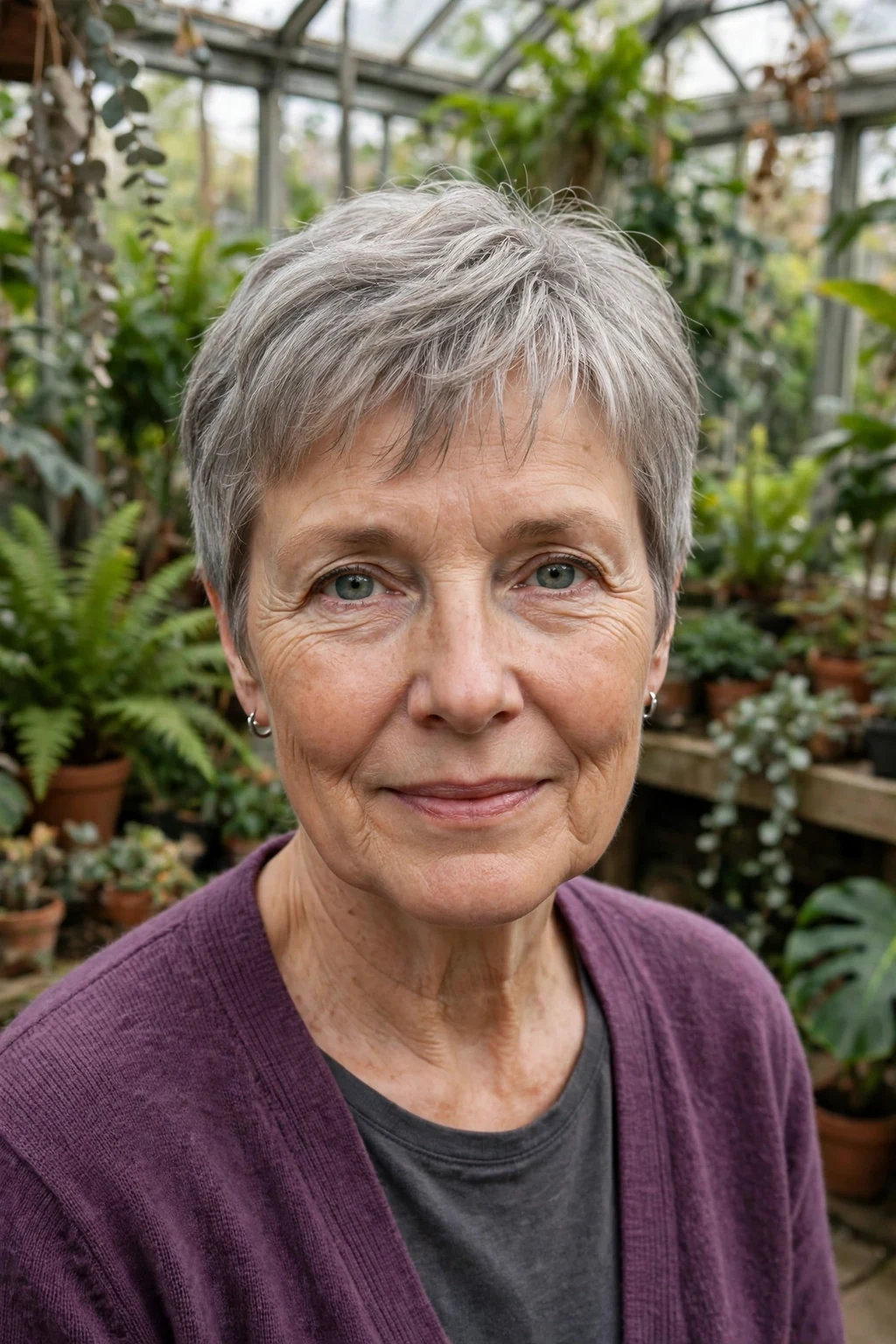 A woman in her early 60s with a gray pixie cut and wispy bangs, wearing a plum cardigan in a garden conservatory.