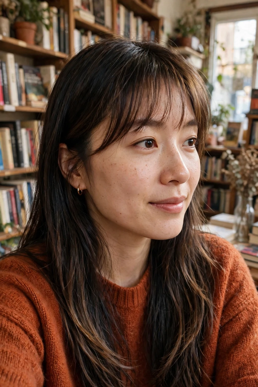 Young woman with wispy bangs and long layers, in a bookshop wearing a rust orange sweater.