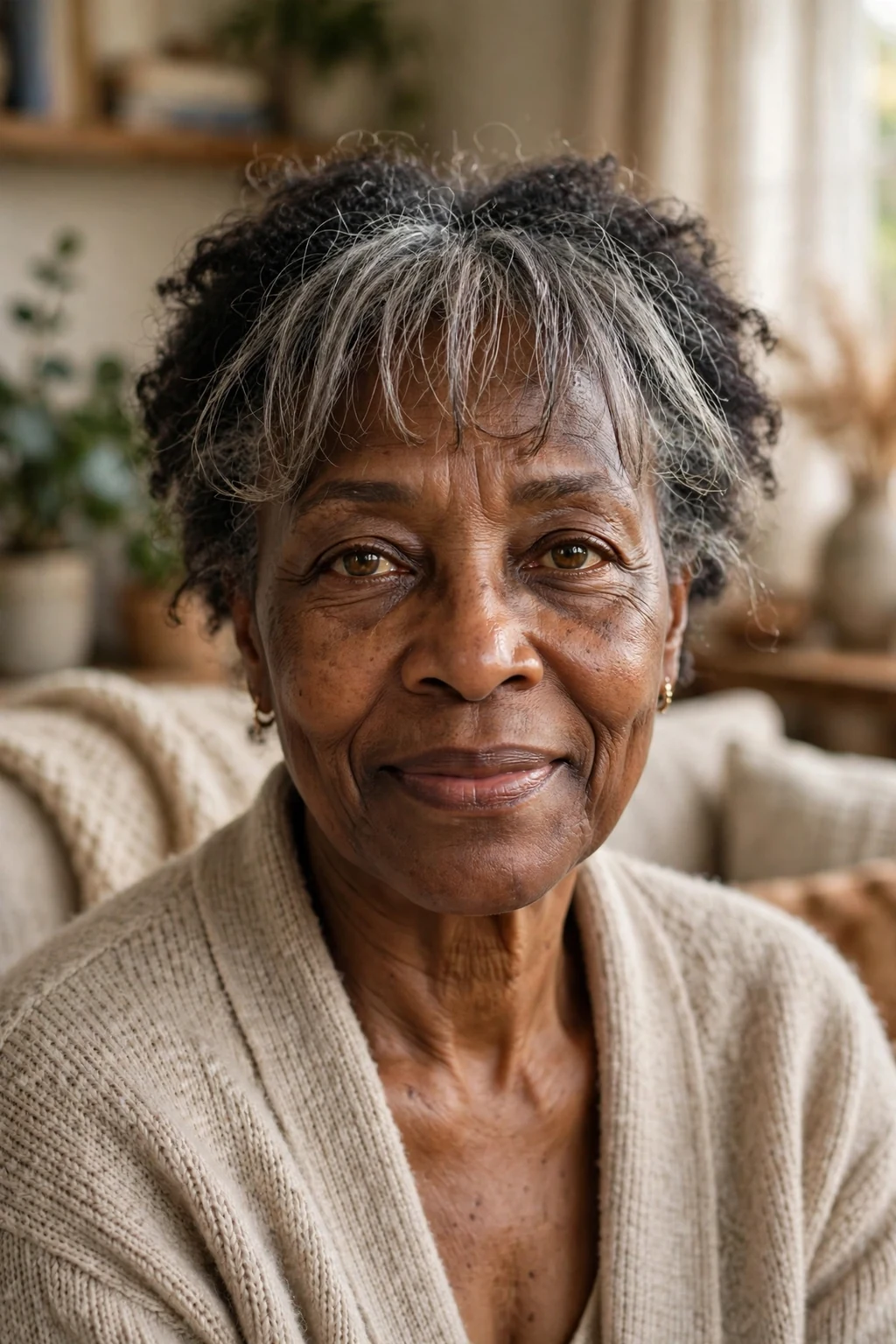 Beautiful older woman with wispy bangs, delicate wispy bangs, soft light.