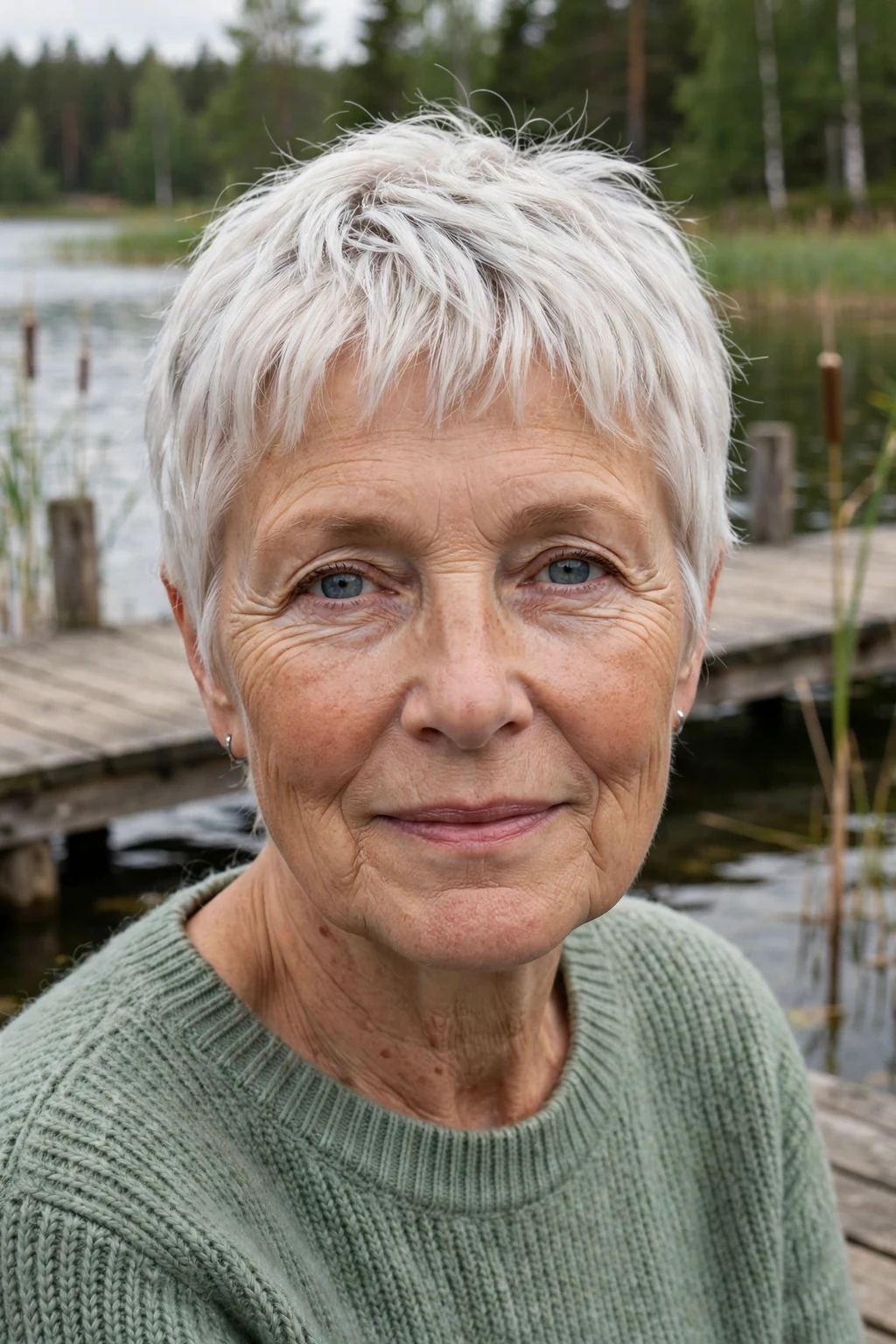 Mature woman with a wispy crop with bangs short haircut for fine hair, styled with soft volume.