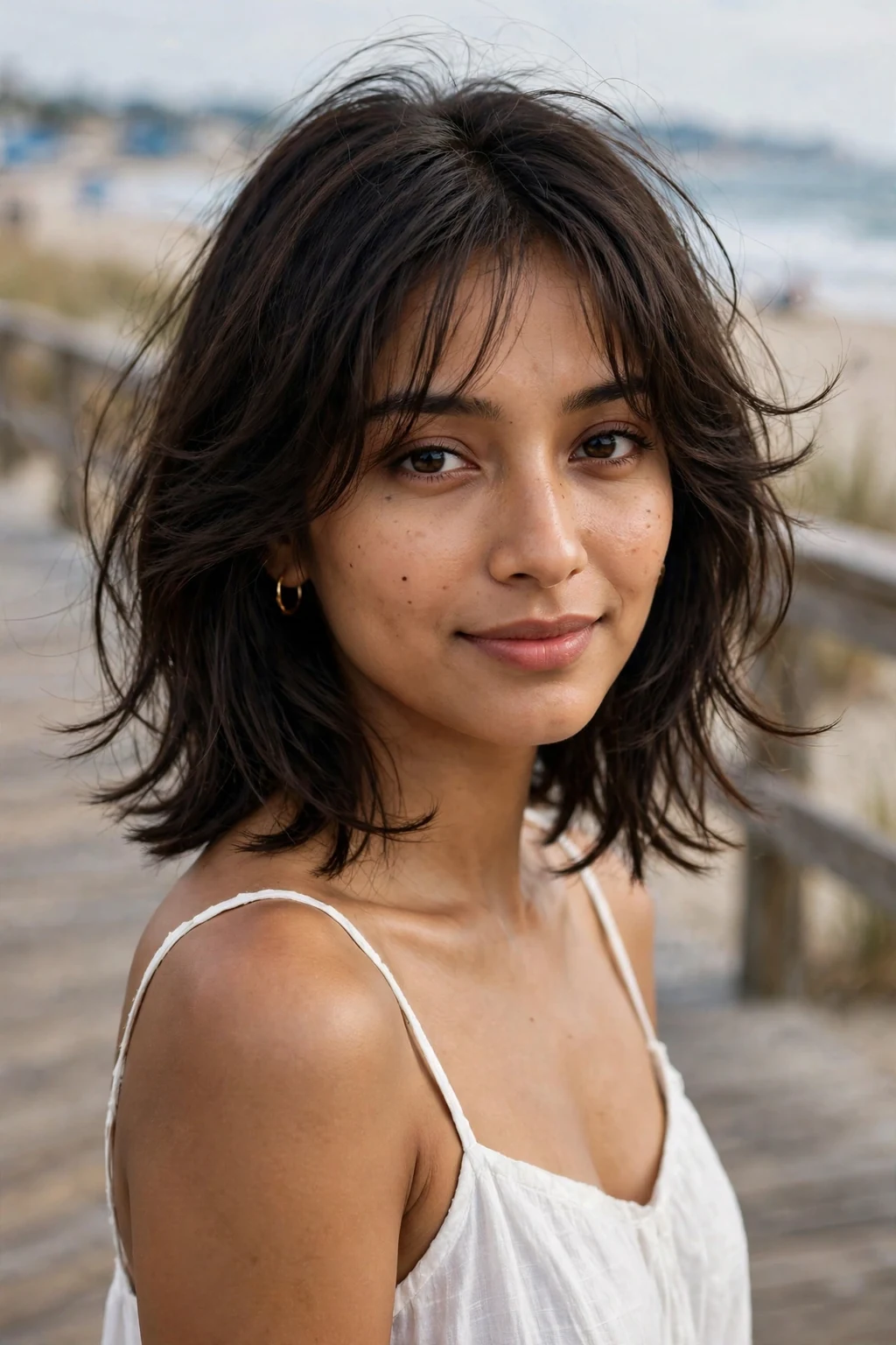 Beautiful woman with wispy end layers, delicate wispy layered ends, airy light.