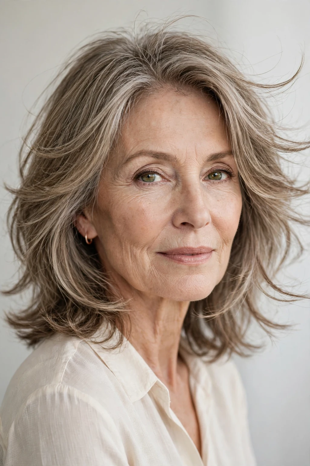Elegant woman over 50 with wispy feathered layers, delicate airy movement, gentle light.