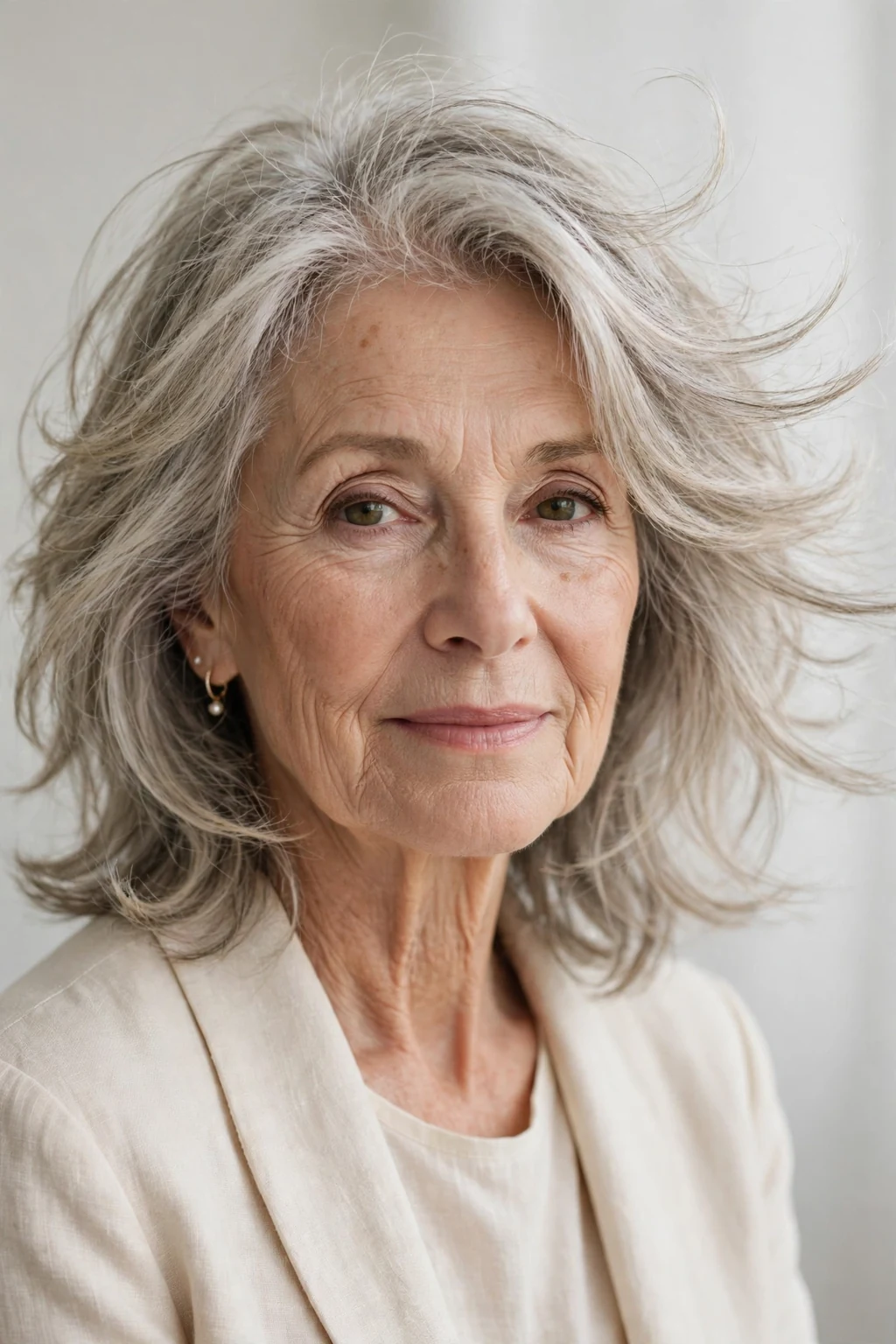 Elegant woman over 60 with wispy feathered layers, delicate airy movement, gentle light.