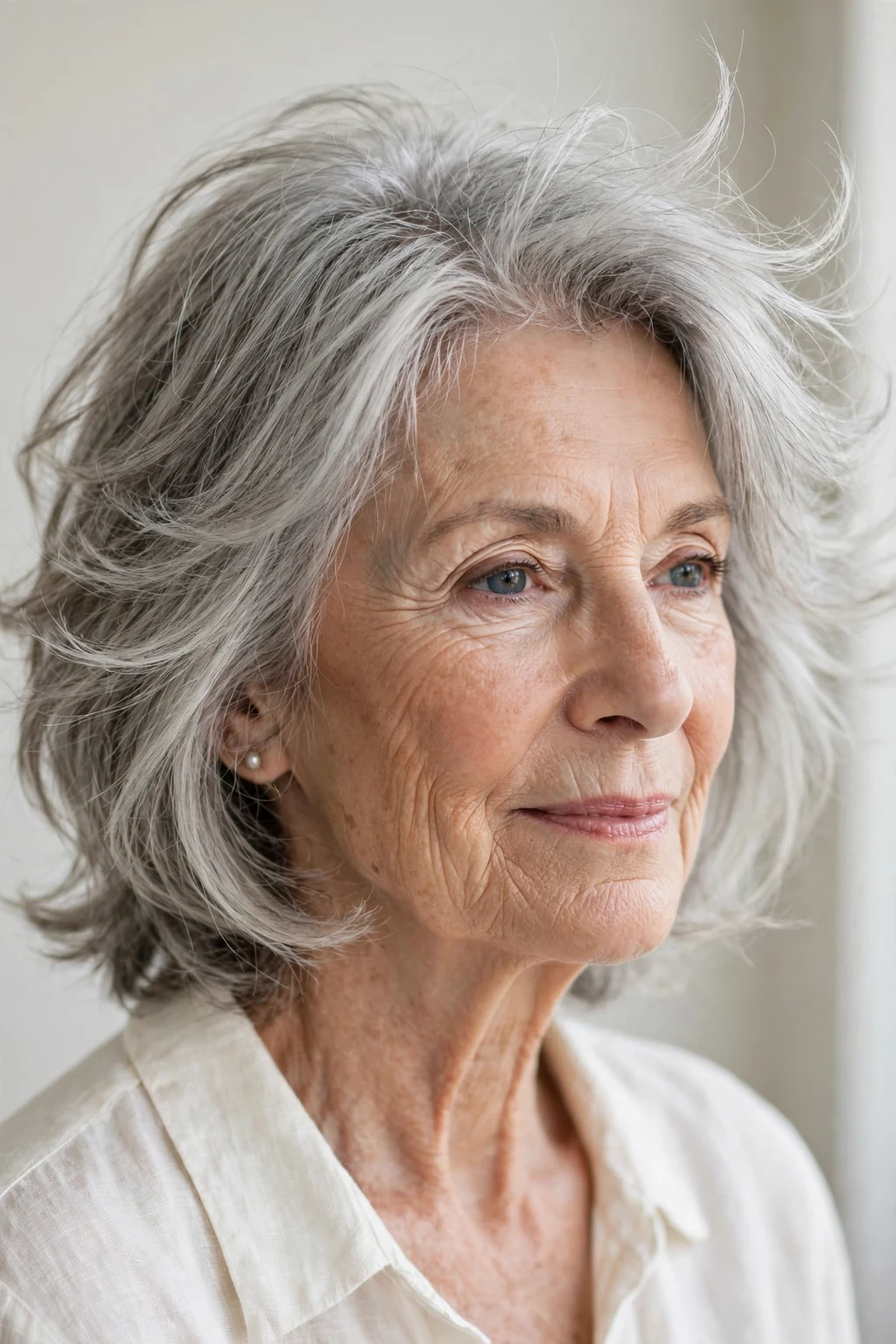Elegant woman over 70 with wispy feathered layers, delicate airy movement, gentle light.