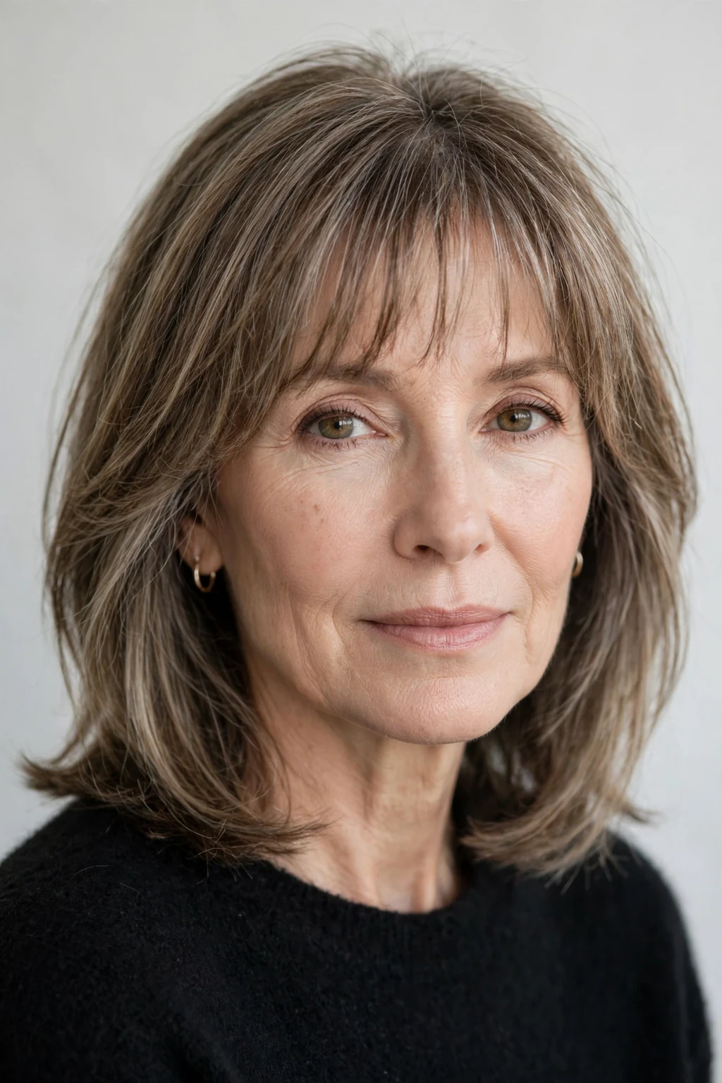 Elegant older woman with wispy fringe shoulder cut, delicate airy bangs, gentle light.
