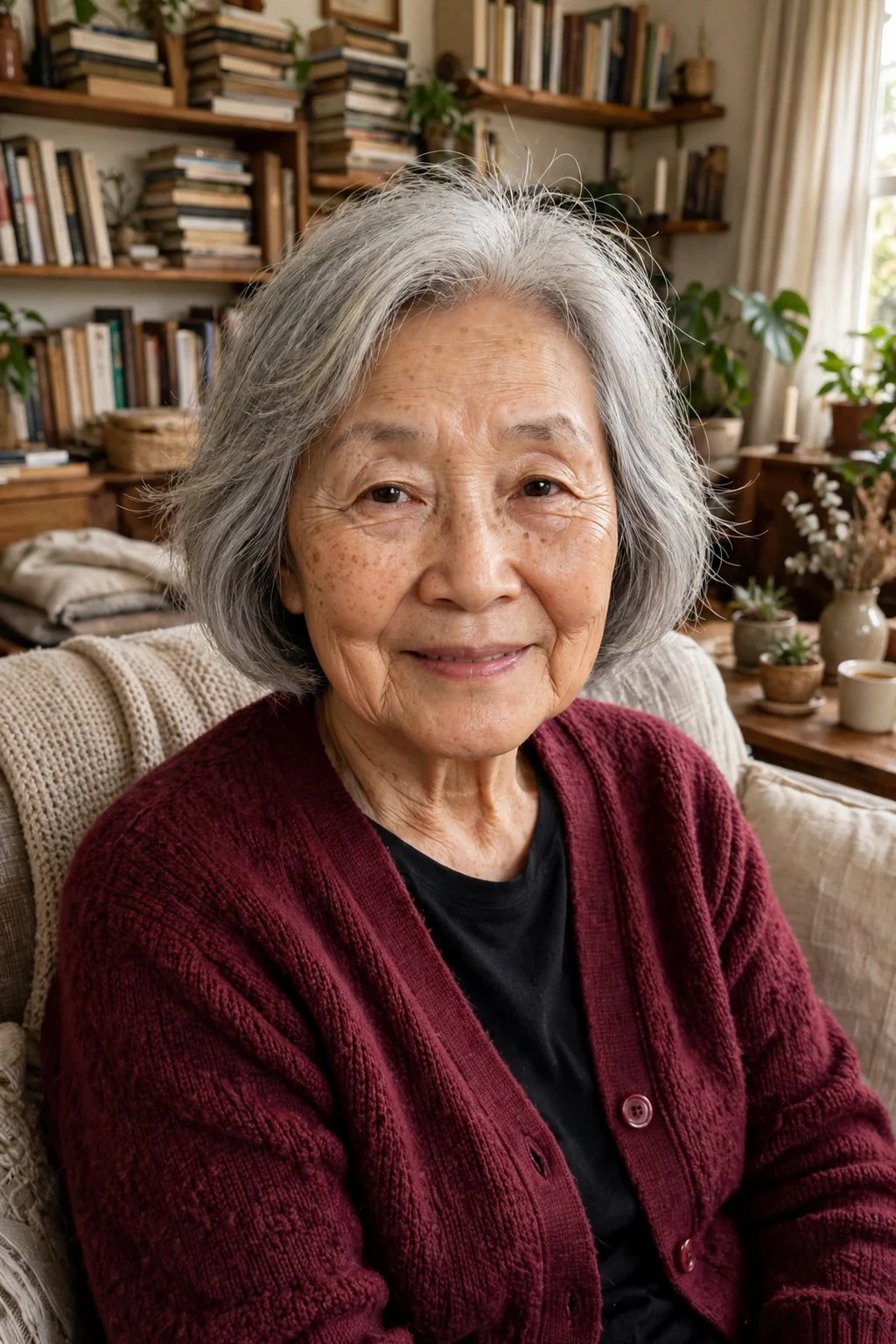 A mature East Asian woman in her seventies with a wispy gray bob, wearing a burgundy cardigan in a cozy living room.