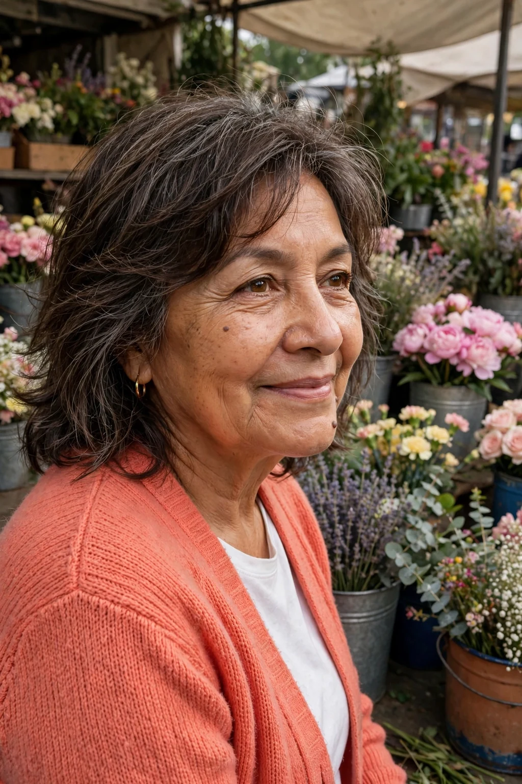 Mature Hispanic woman in her early sixties with a wispy layered haircut, wearing a coral cardigan at a flower market.