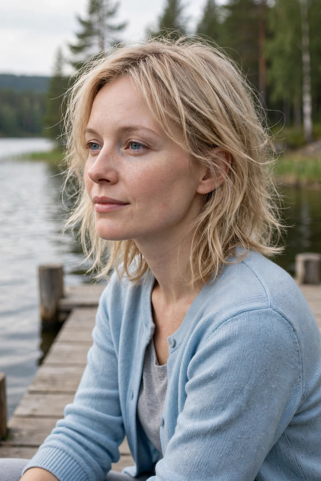 Young woman with wispy medium layers, sitting by a lake pier wearing a light blue cardigan.