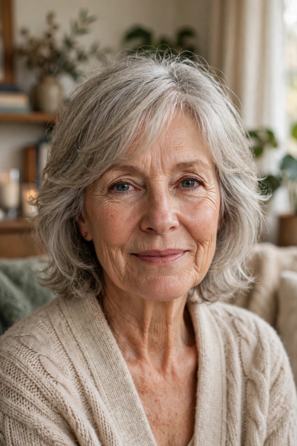 Beautiful older woman with wispy layers, delicate wispy layers, soft light.