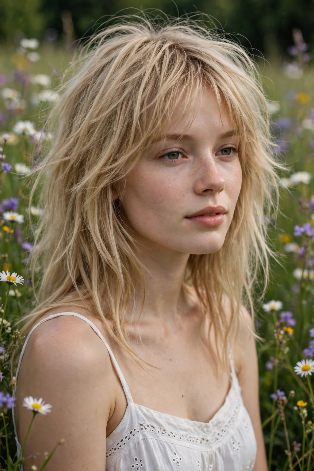 Beautiful woman with wispy long shag, delicate wispy long shag, gentle light.