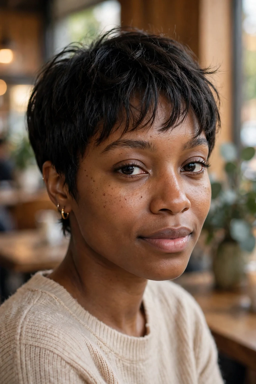 Beautiful woman with wispy pixie bangs, delicate wispy pixie bangs, soft light.