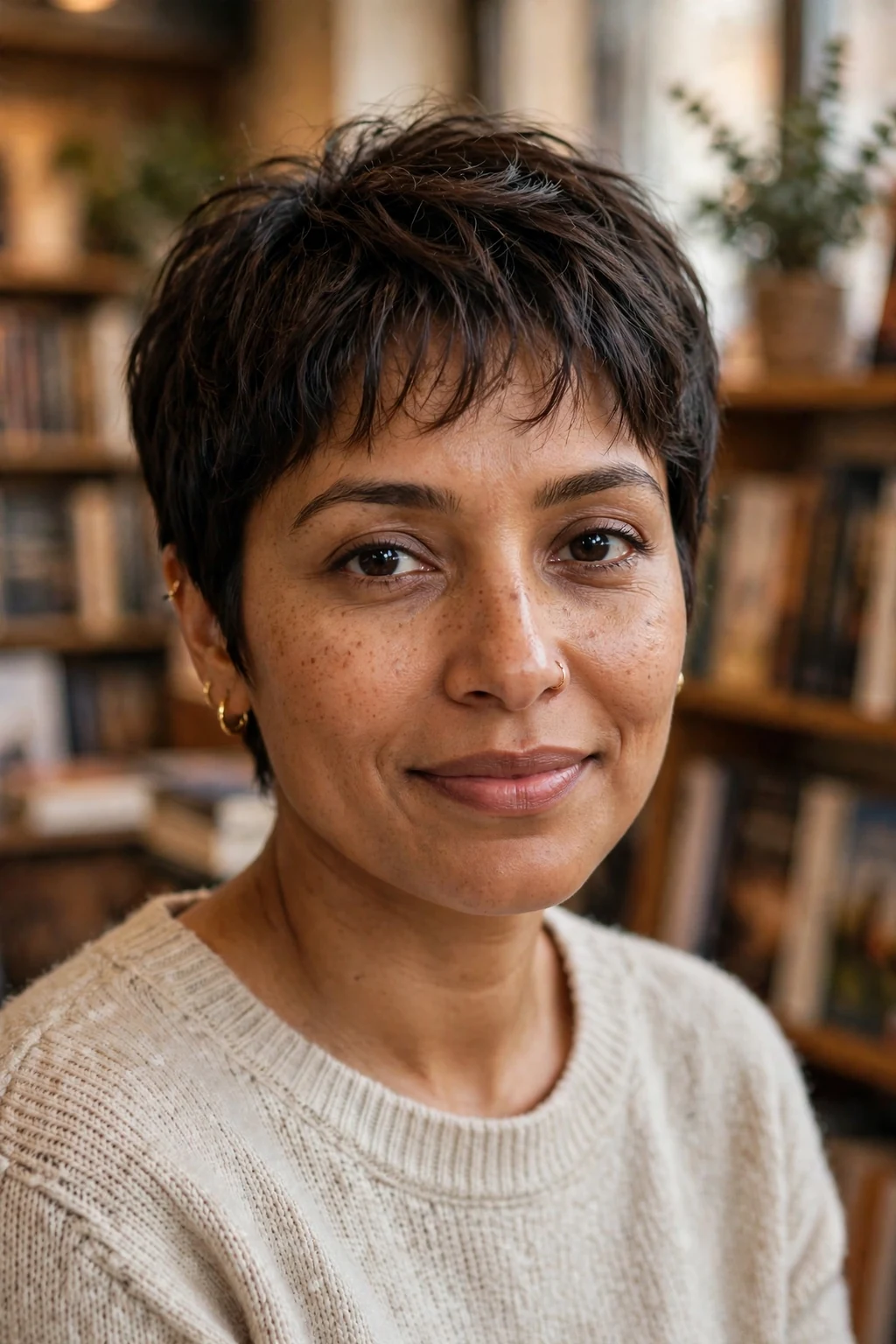 Beautiful woman with wispy pixie bangs, delicate wispy pixie bangs, soft light.